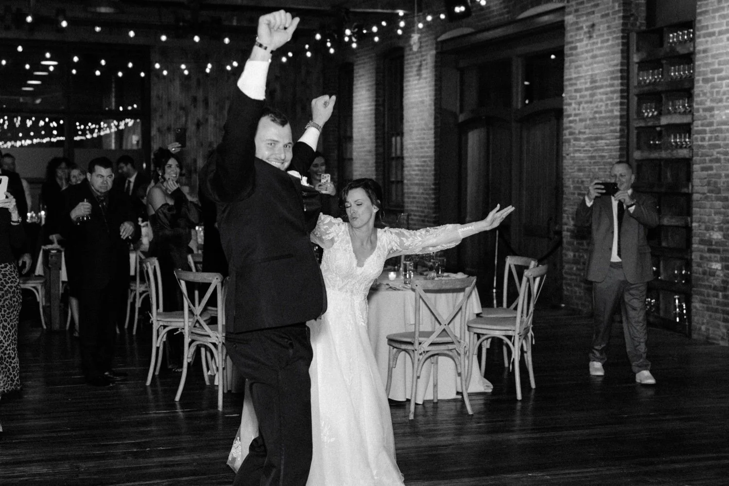 bride and groom have fun entrance into reception at city winery hudson valley 