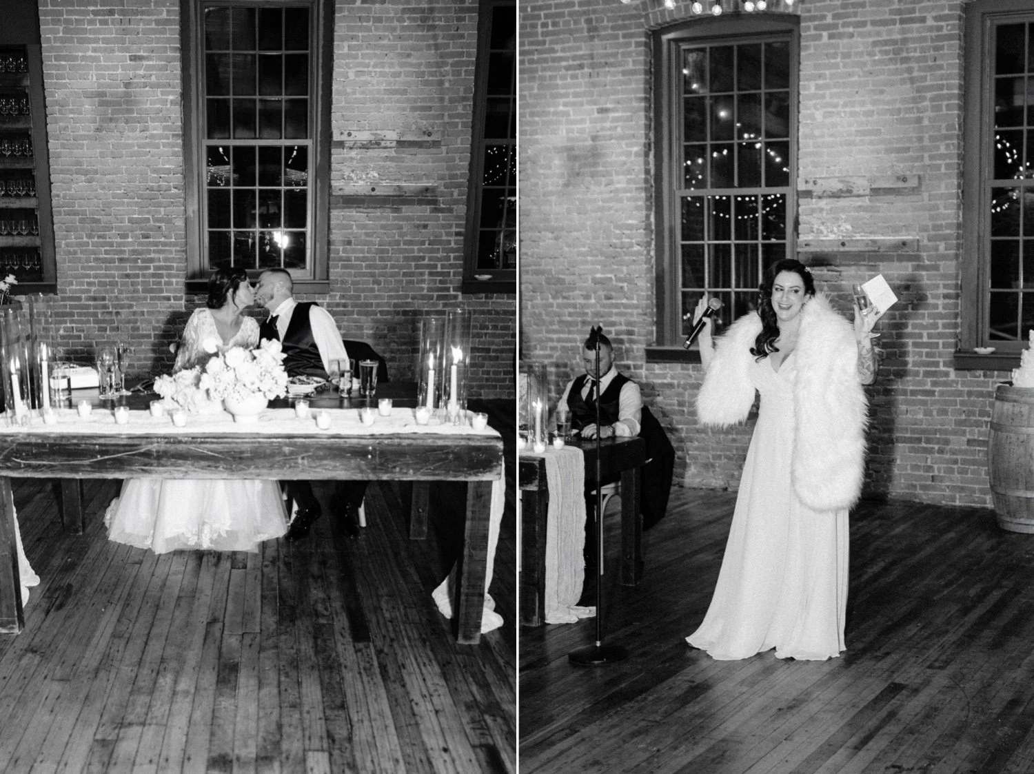  wedding couple kiss at their sweetheart table during maid of honors toast at city winery hudson valley 