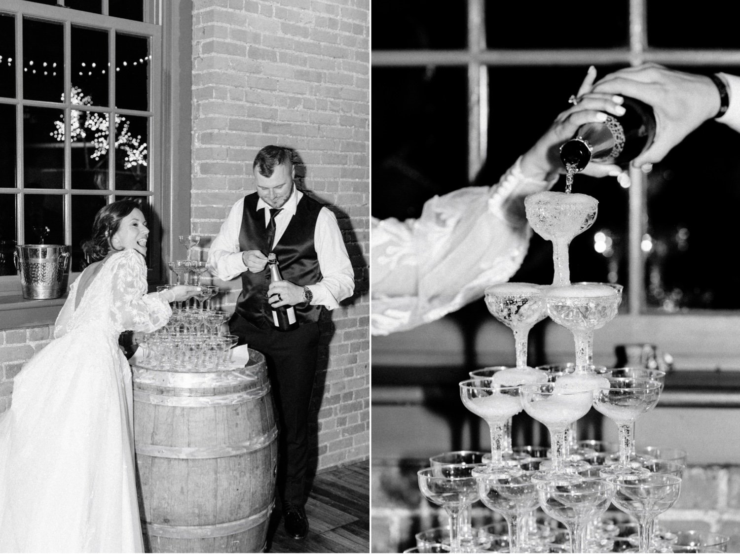  winter wedding couple pour wine over their champagne tower at city winery hudson valley 