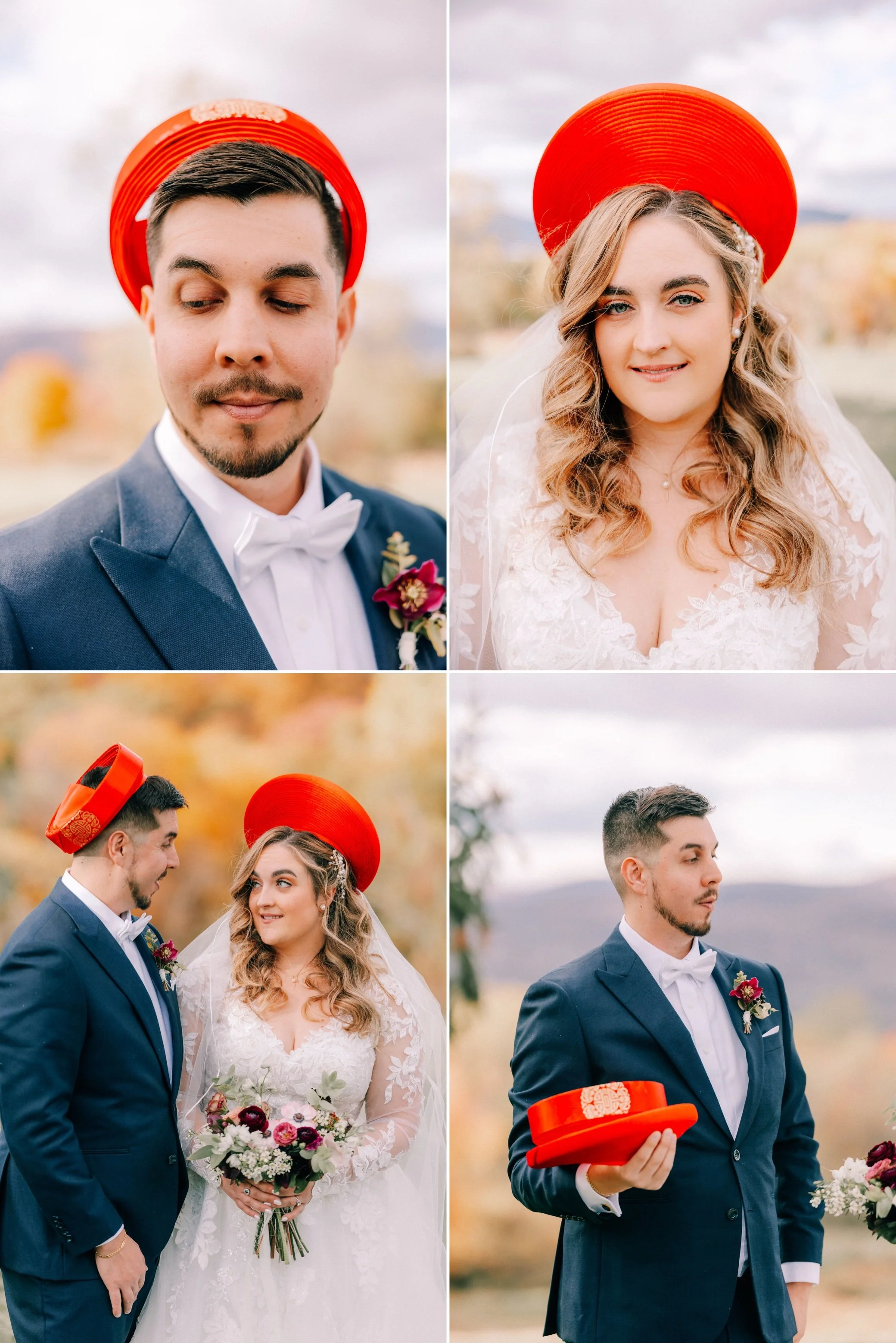  traditional red Vietnamese Red Ao Dai hats for some of their photographs at the garrison 