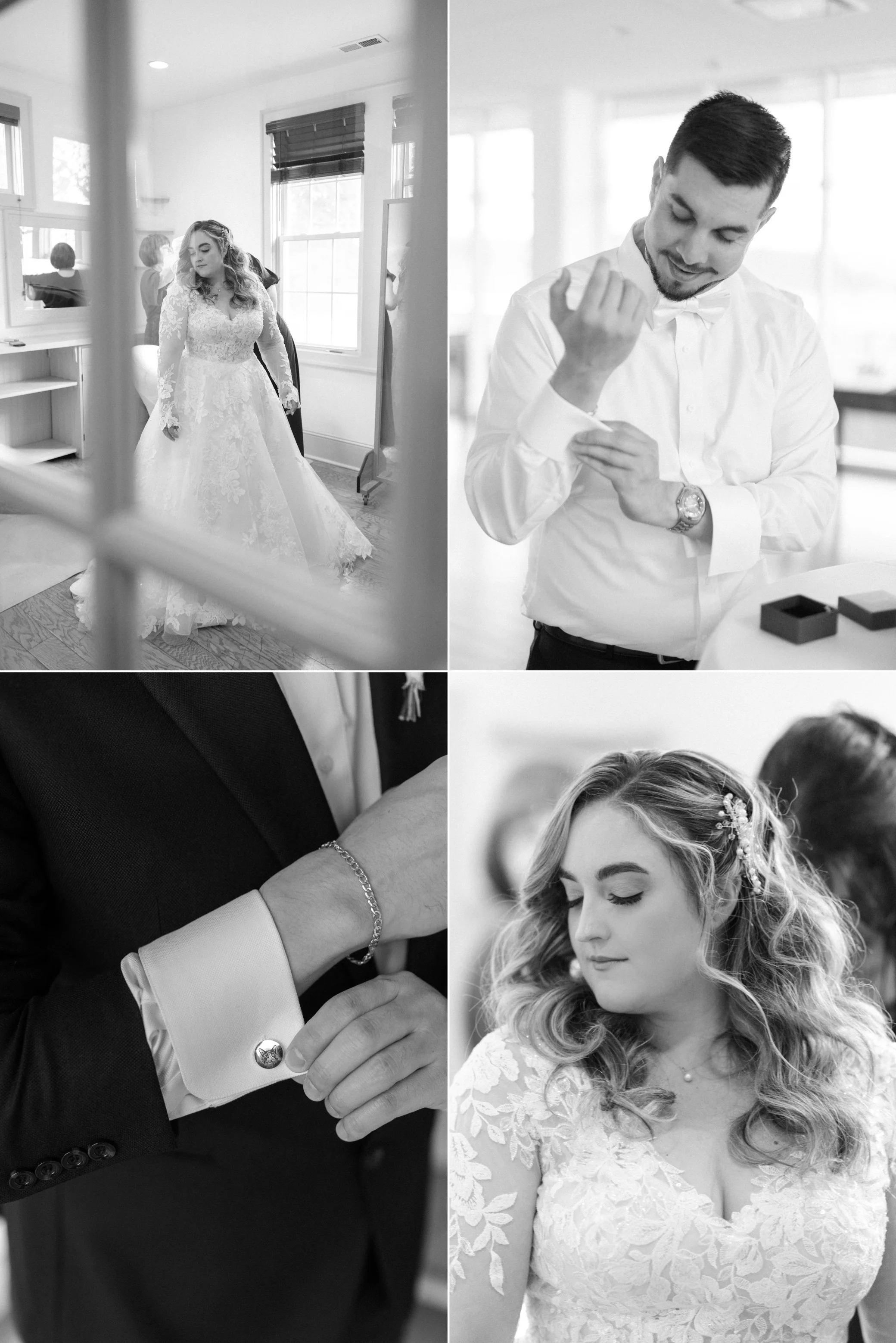  black and white wedding photographs of couple getting ready at the garrison 