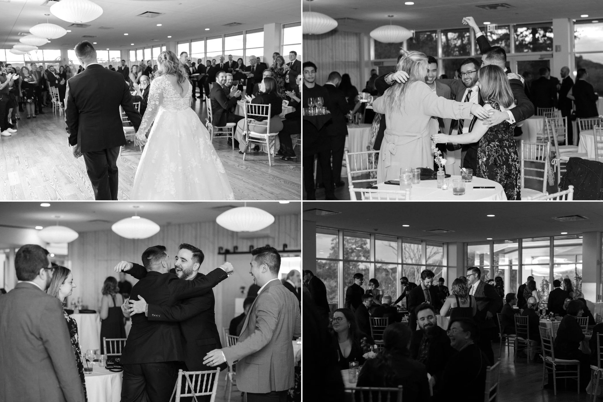  black and white wedding photographs of cocktail hour at the garrison 