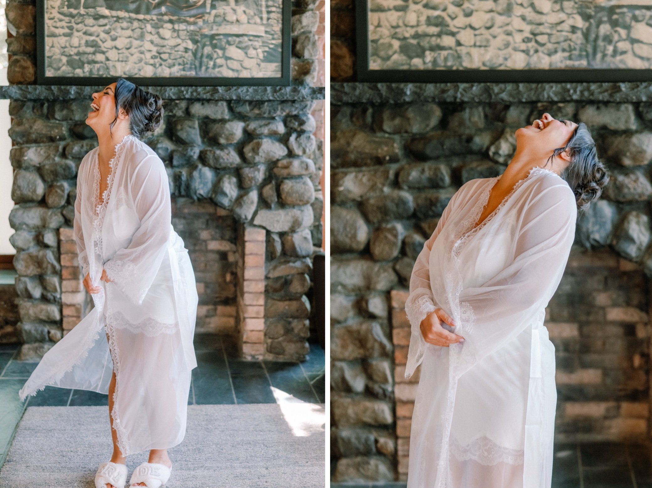  bride laughing in bridal suite on her wedding morning at brotherhood winery 
