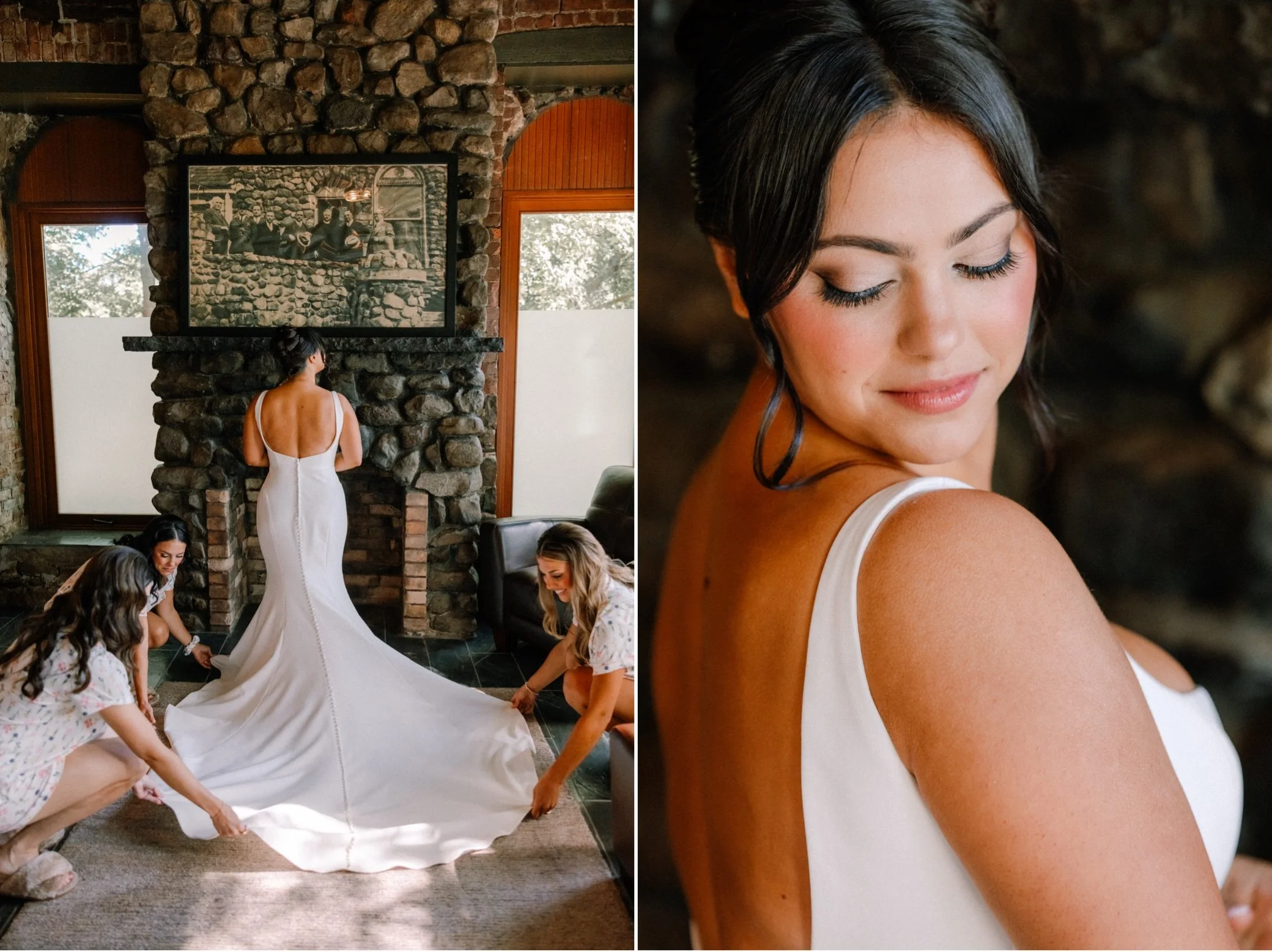  bride getting in her wedding dress at brotherhood winery 