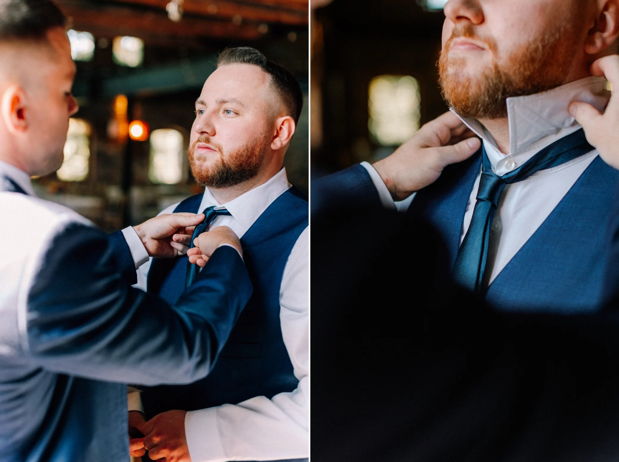  best man fixing groom’s collar in Grand Salon on his wedding day at Brotherhood Winery 
