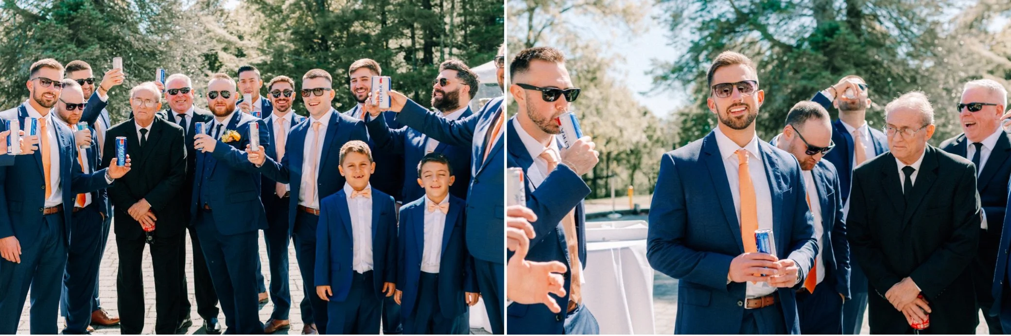  groomsmen cheering on the patio before wedding at brotherhood winery 
