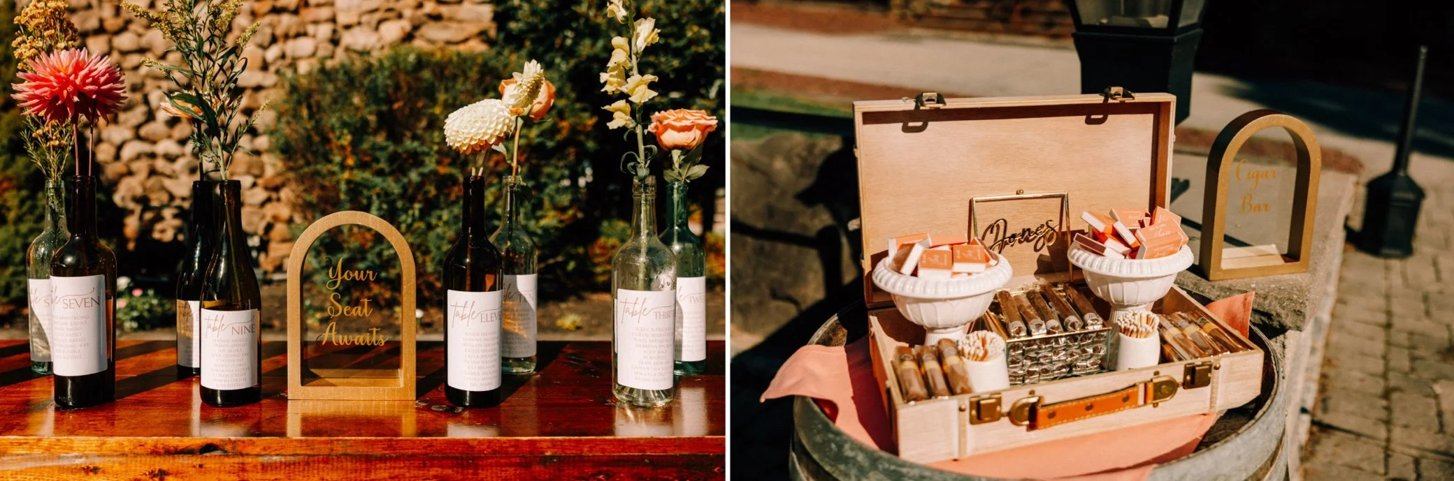  wine bottle seating chart and cigars on the patio of brotherhood winery 