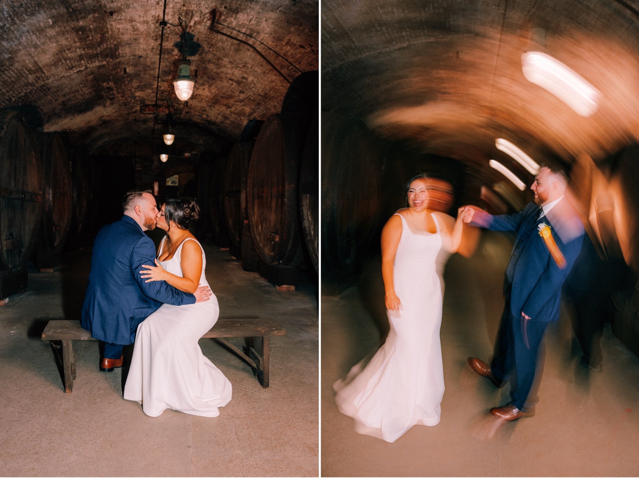  wedding photos in wine cellar at brotherhood winery 