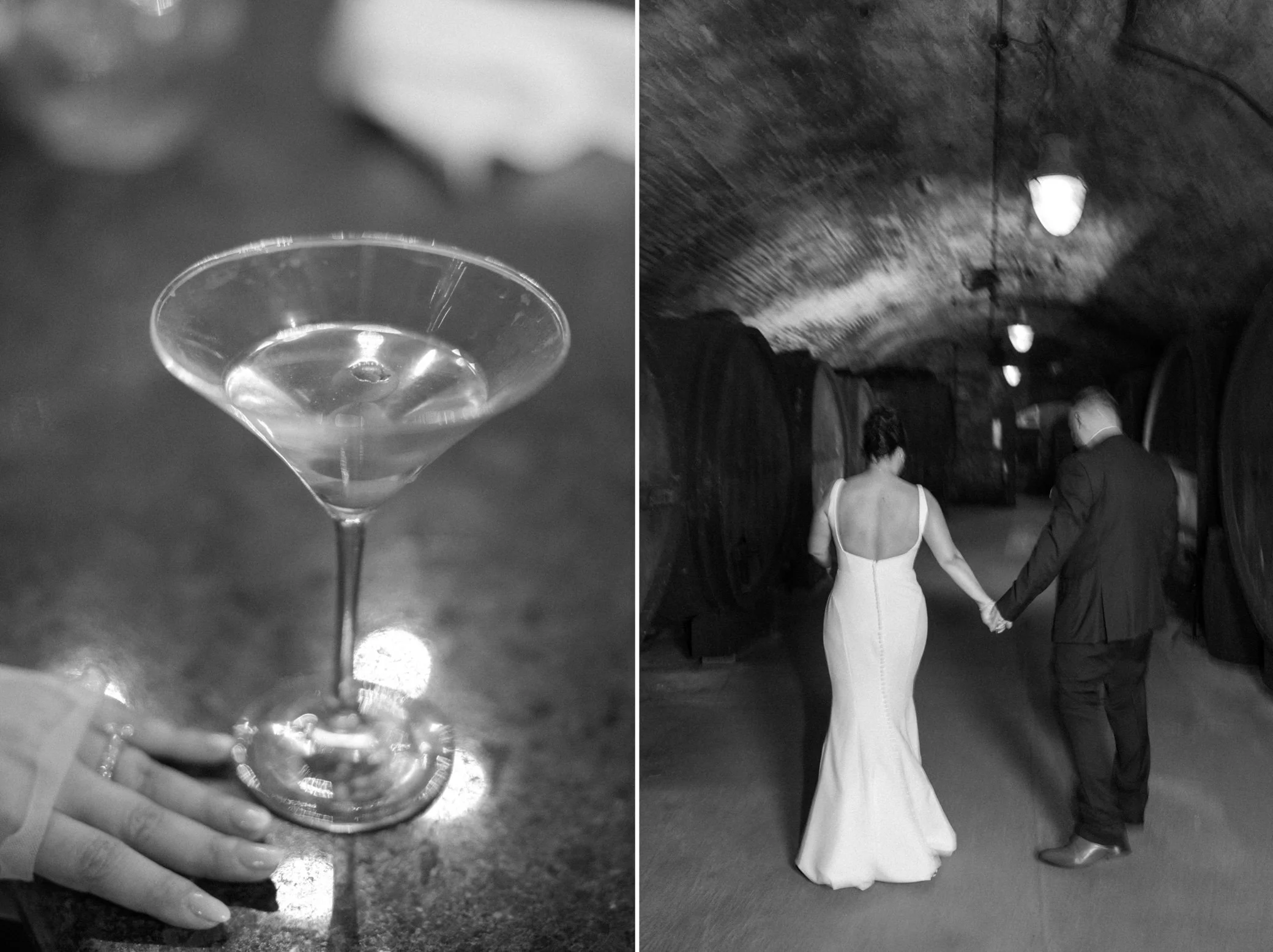  martini and wedding couple in wine cellar at brotherhood winery 