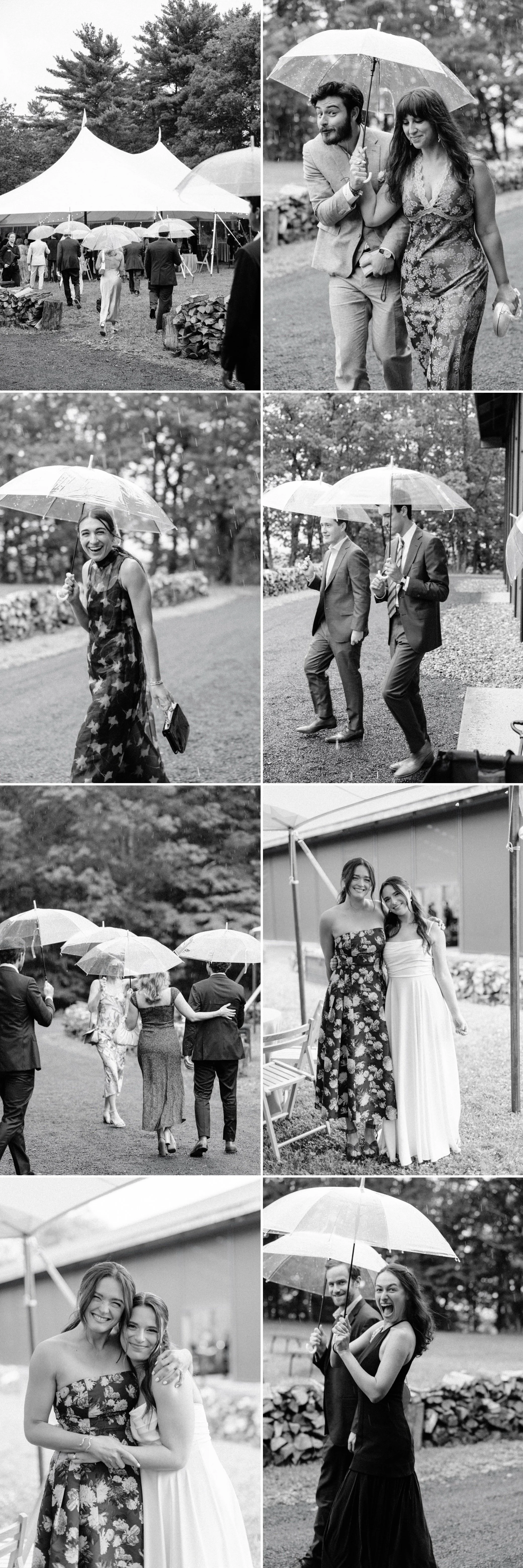  Black and white candid film photographs of guests with umbrellas during cocktail hour in the Hudson Valley wedding at Gather Greene   
