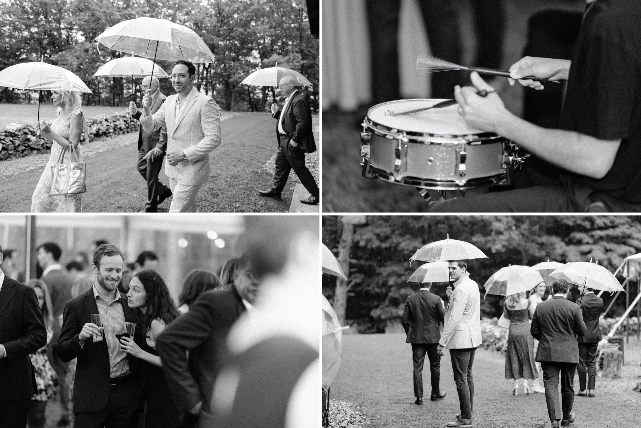  Black and white documentary film photographs of cocktail hour during Hudson Valley wedding at Gather Greene   