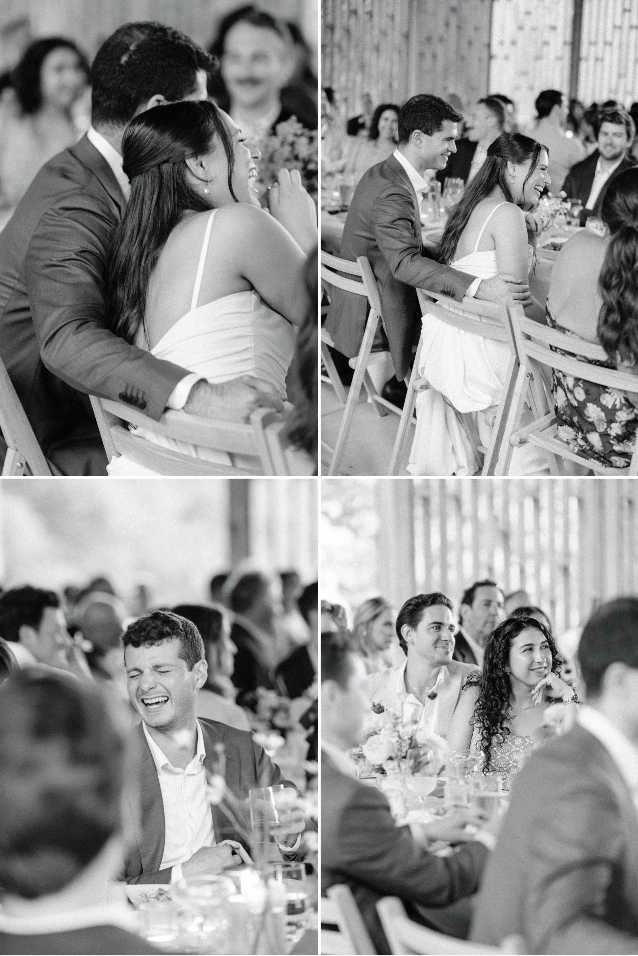  Black and white film photograph of joy filled moment during a Hudson Valley wedding reception speeches at Gather Greene 