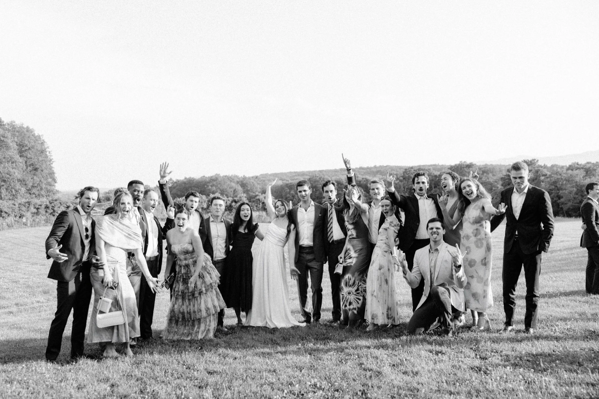  Fun filled black and white photo of the couple and guests during their Gather Greene wedding in the hudson valley   