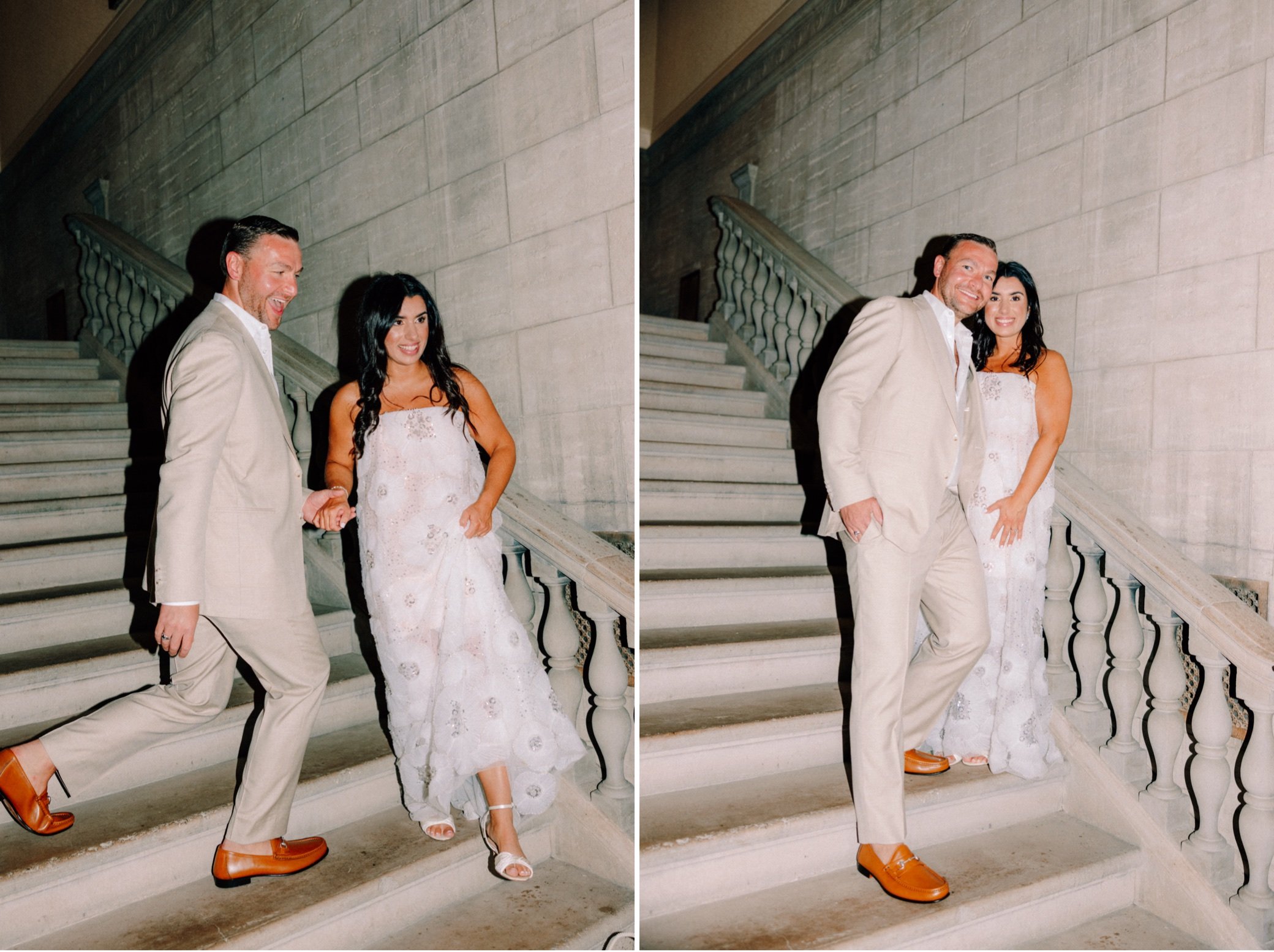  glenmere mansion destination wedding couple photographs on stairs 