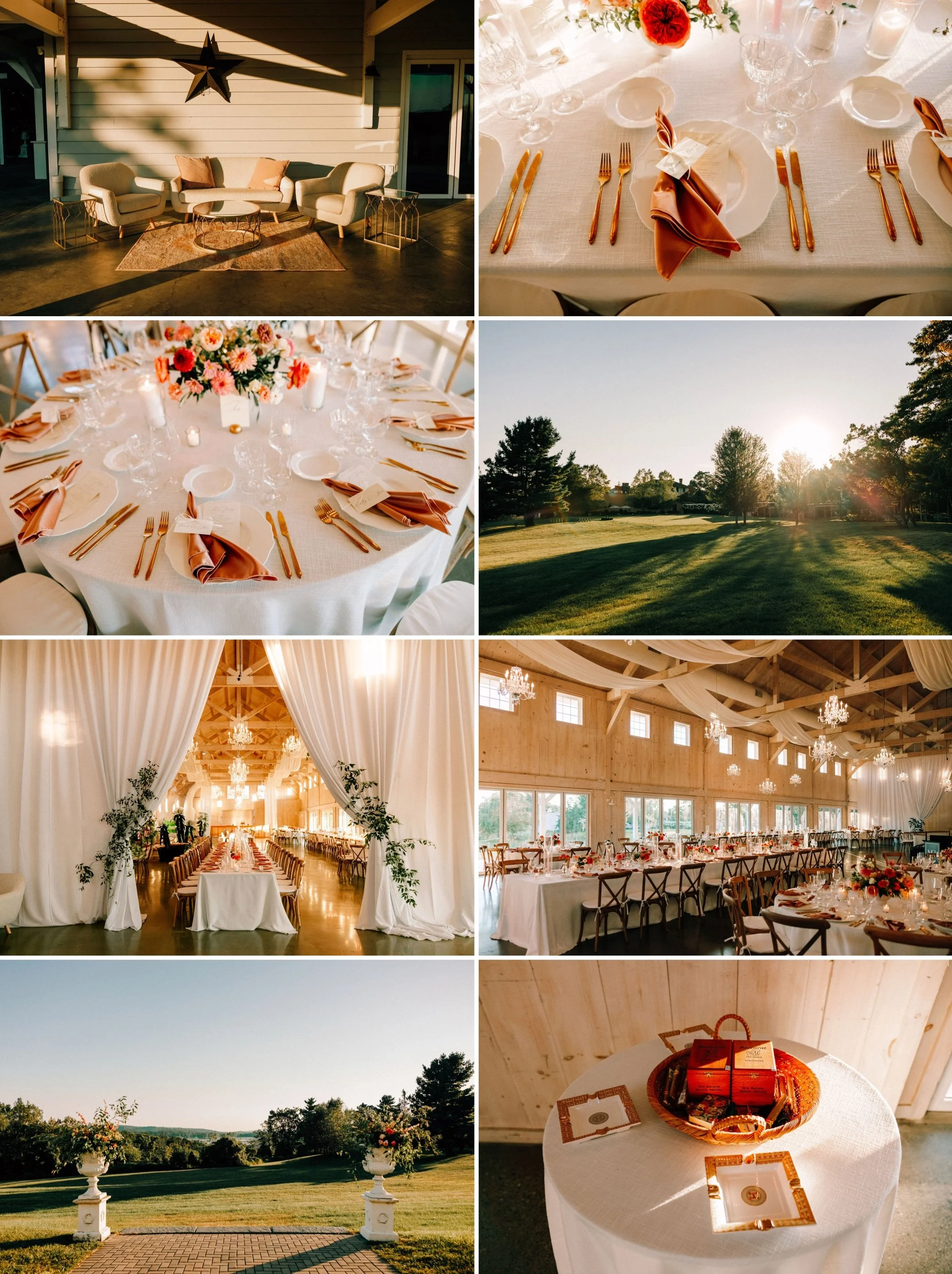  table settings in the barn at glenmere mansion 