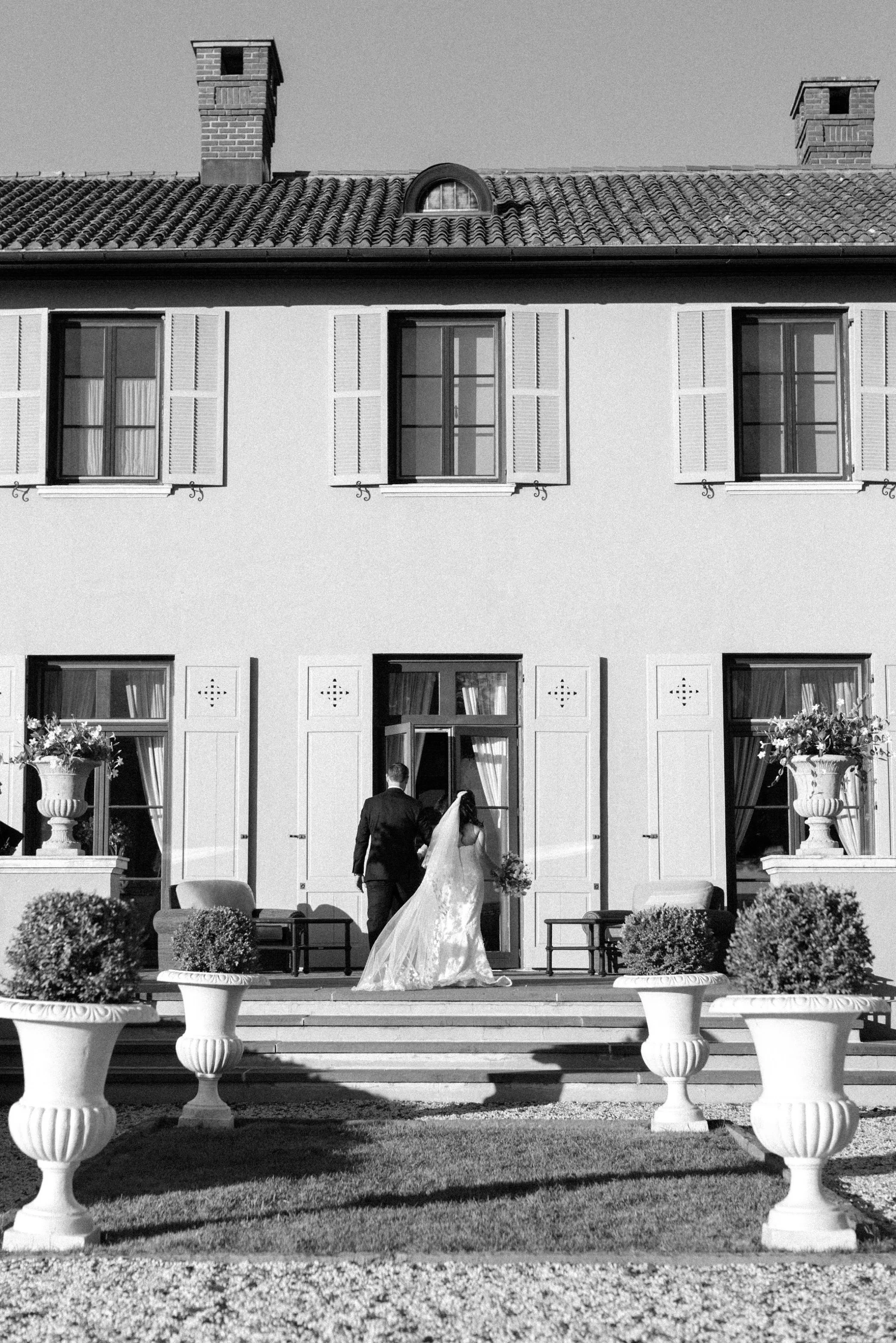  black and white film photograph of bride and groom at glenmere mansion 