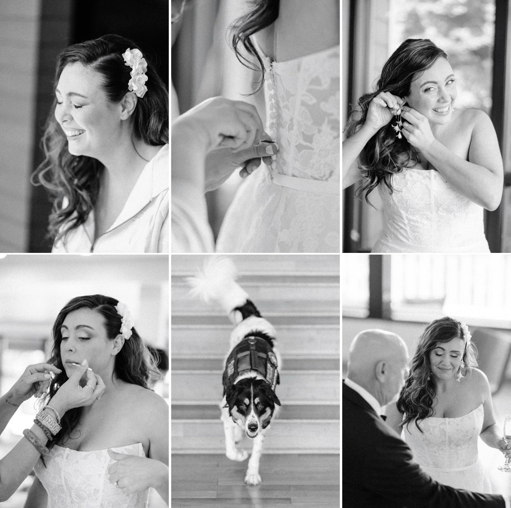  black and white film photographs of bride getting ready at buttermilk falls 