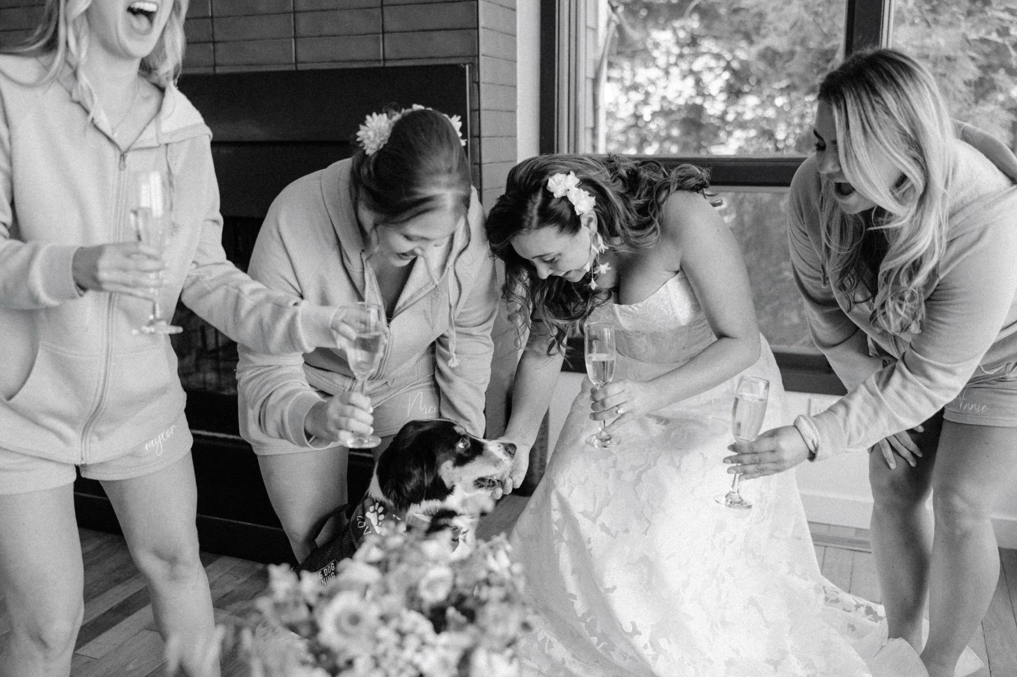  bride with bridesmaids and dog at buttermilk falls inn and spa 