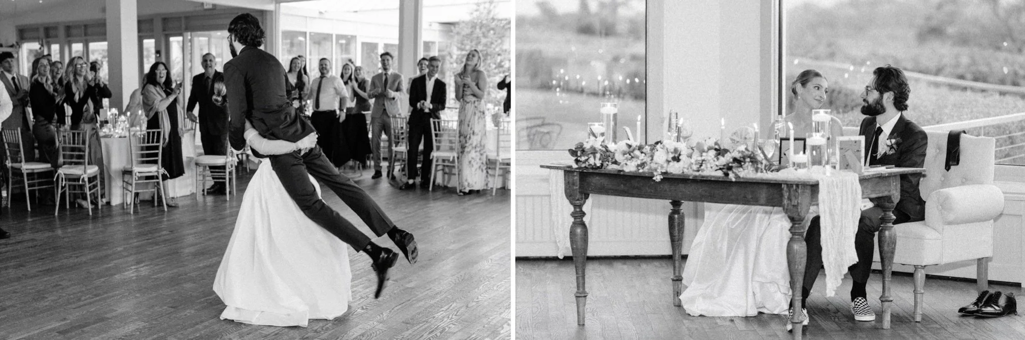  hudson valley documentary film wedding photographs of first dance and sweetheart table at the garrison 