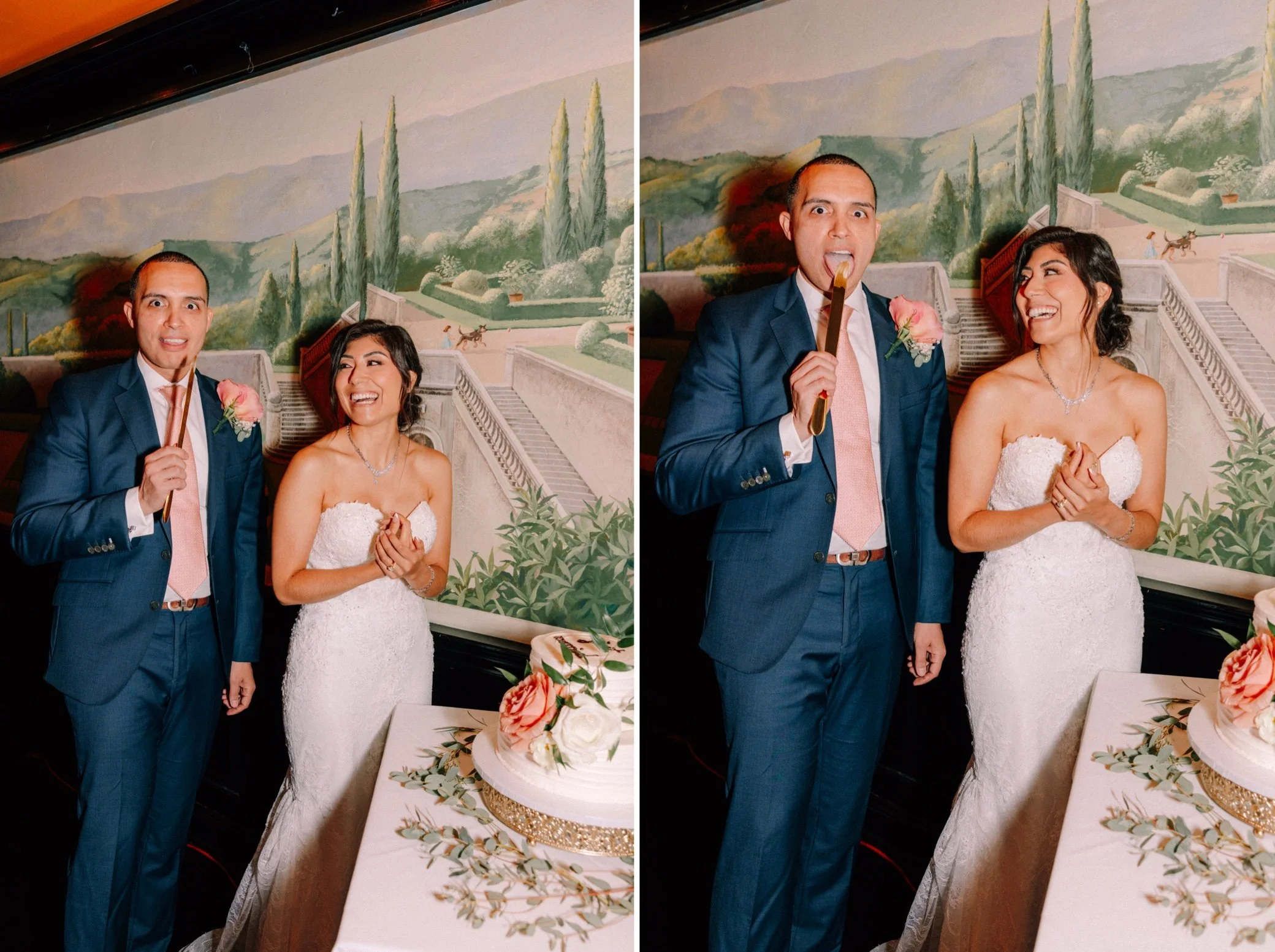  elopement couple cut their wedding cake at hudson valley restaurant 