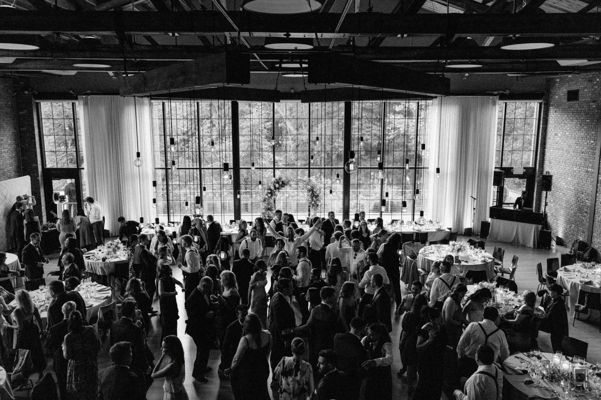  film photograph of hudson valley wedding reception dance floor at the roundhouse by caitlinn mahar-daniels 