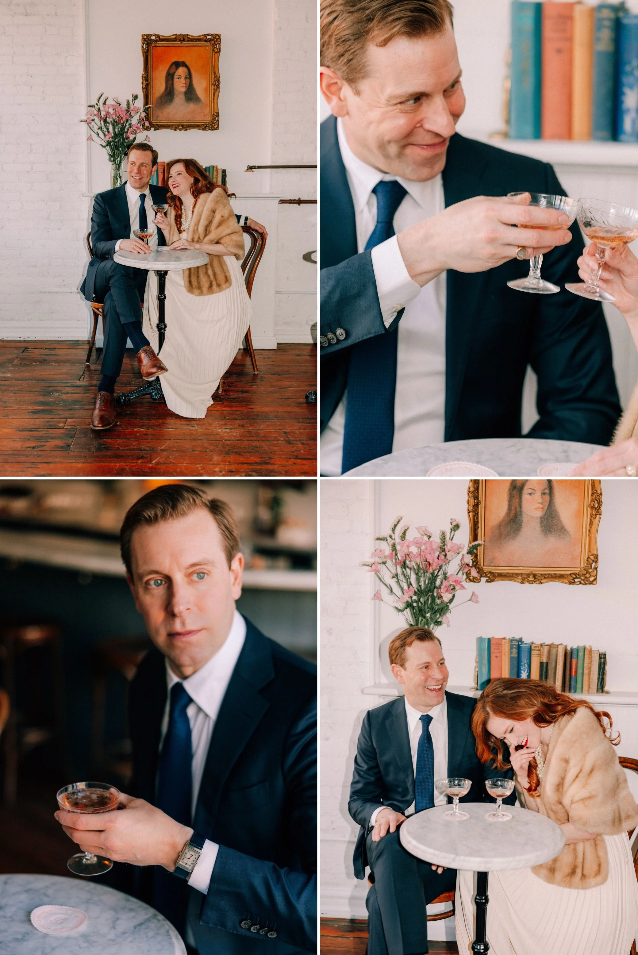  couple share a bottle of champagne during their indoor hudson valley engagement shoot at brunette wine bar in kingston, ny 