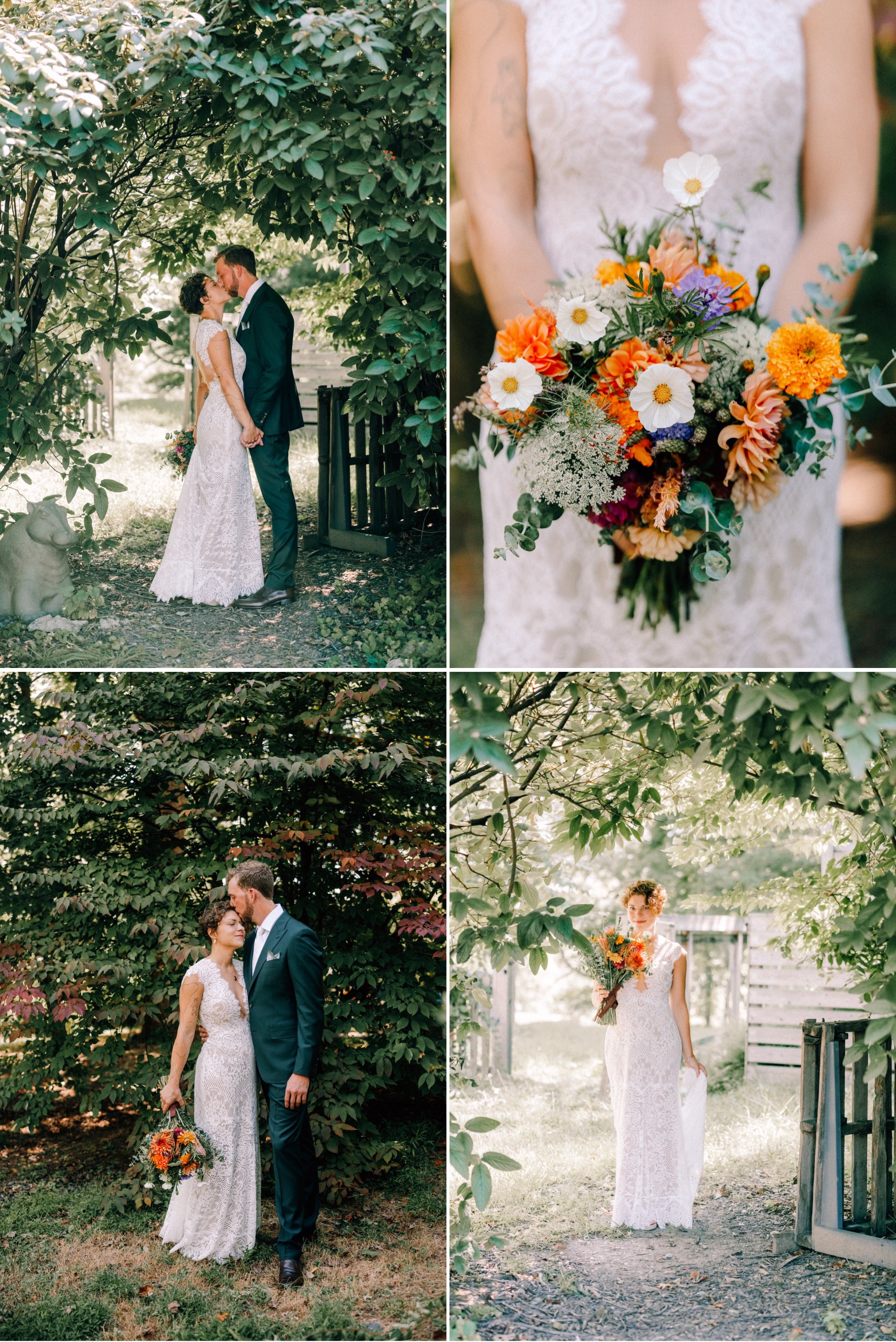  wedding couple and bouquet at the yard in beacon, ny 