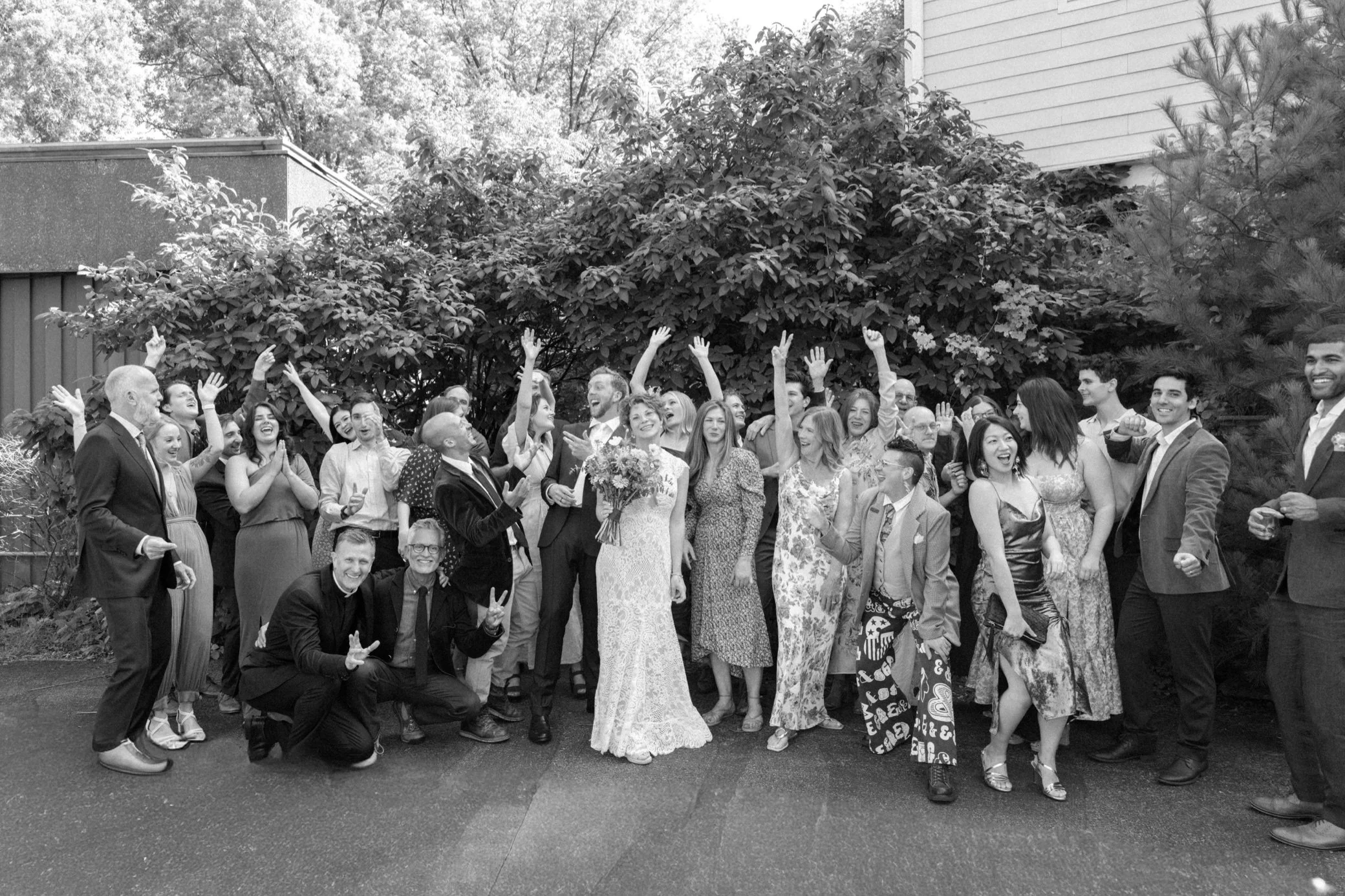  group photo of all wedding guests at The yard in beacon, ny 