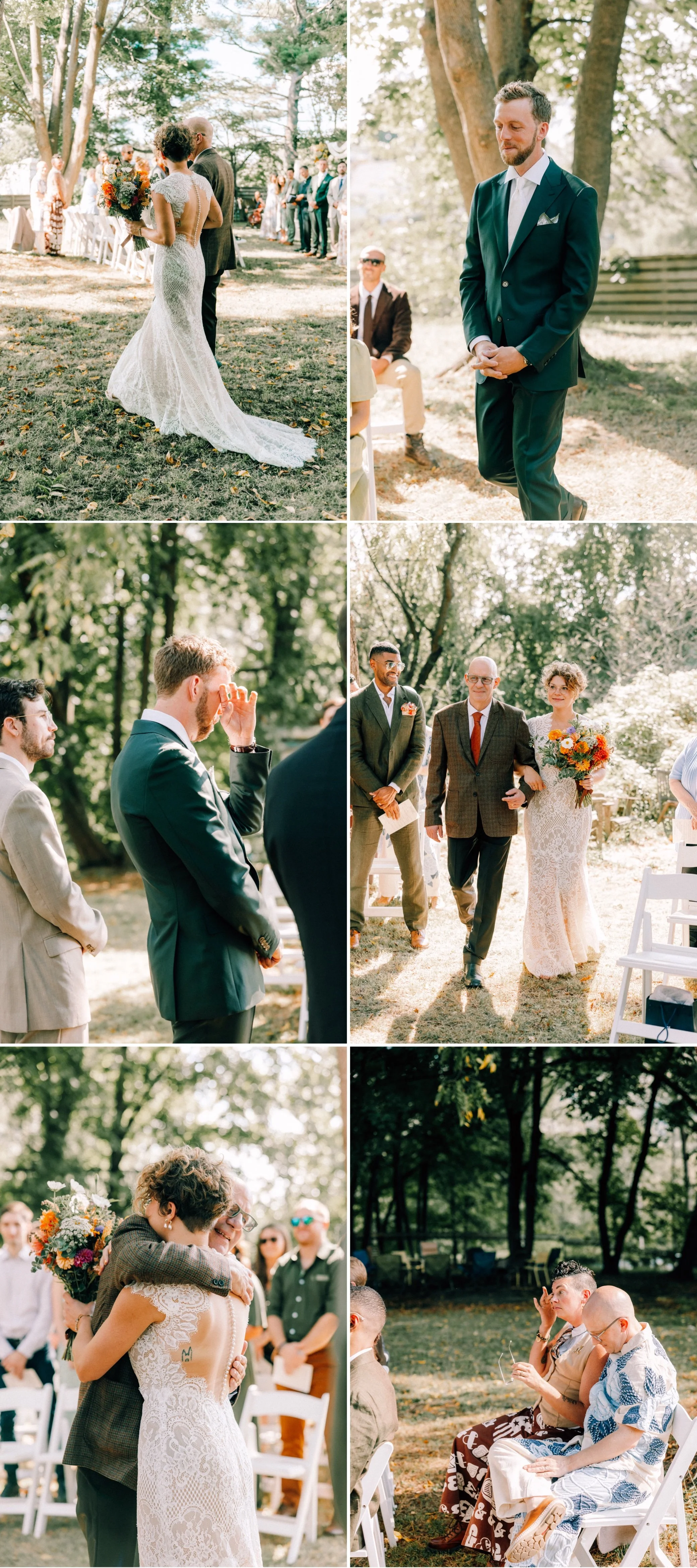  bride walks down the aisle and groom cries during outdoor intimate wedding ceremony at The Yard in Beacon, NY 