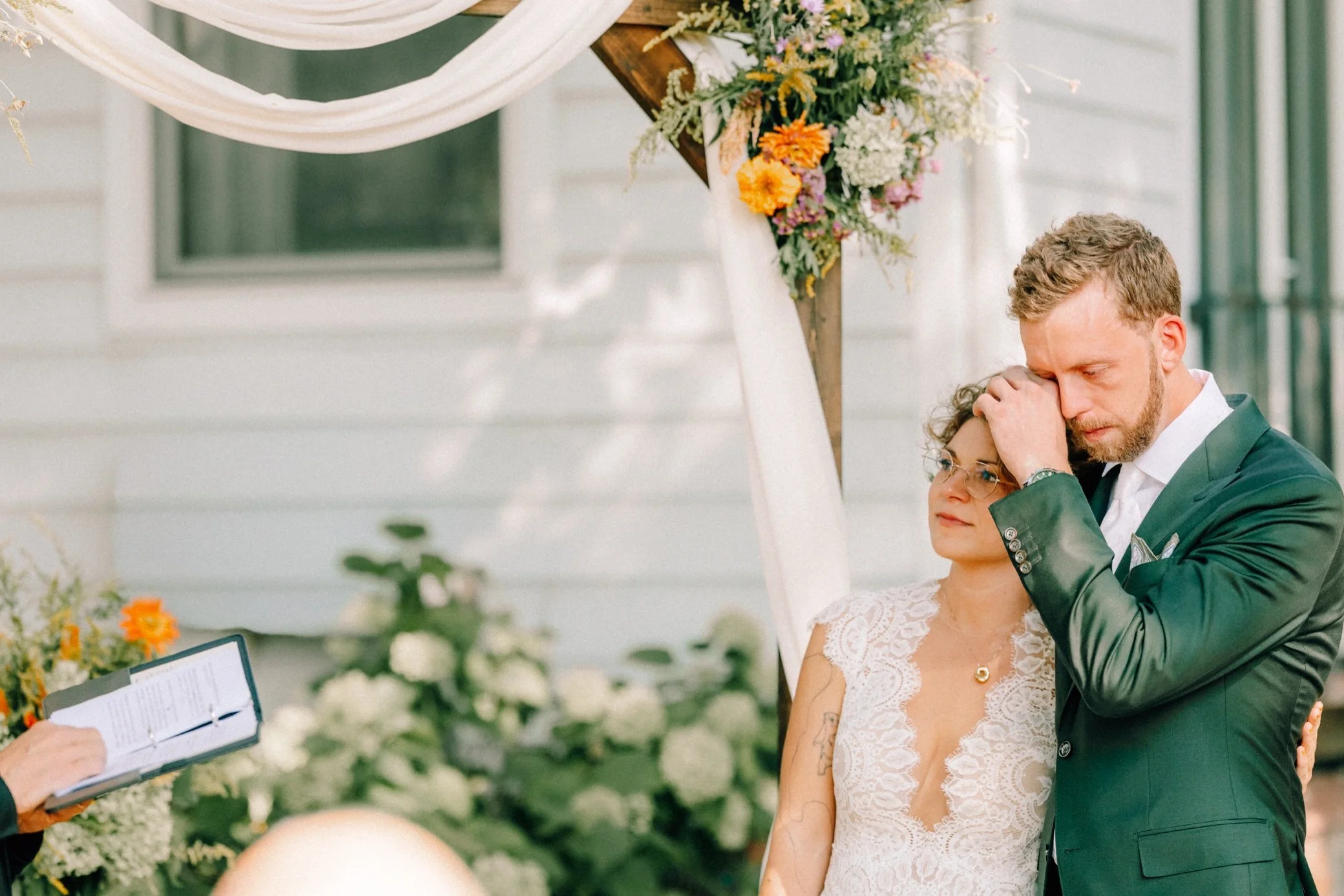  groom emotional during outdoor wedding ceremony at The Yard  