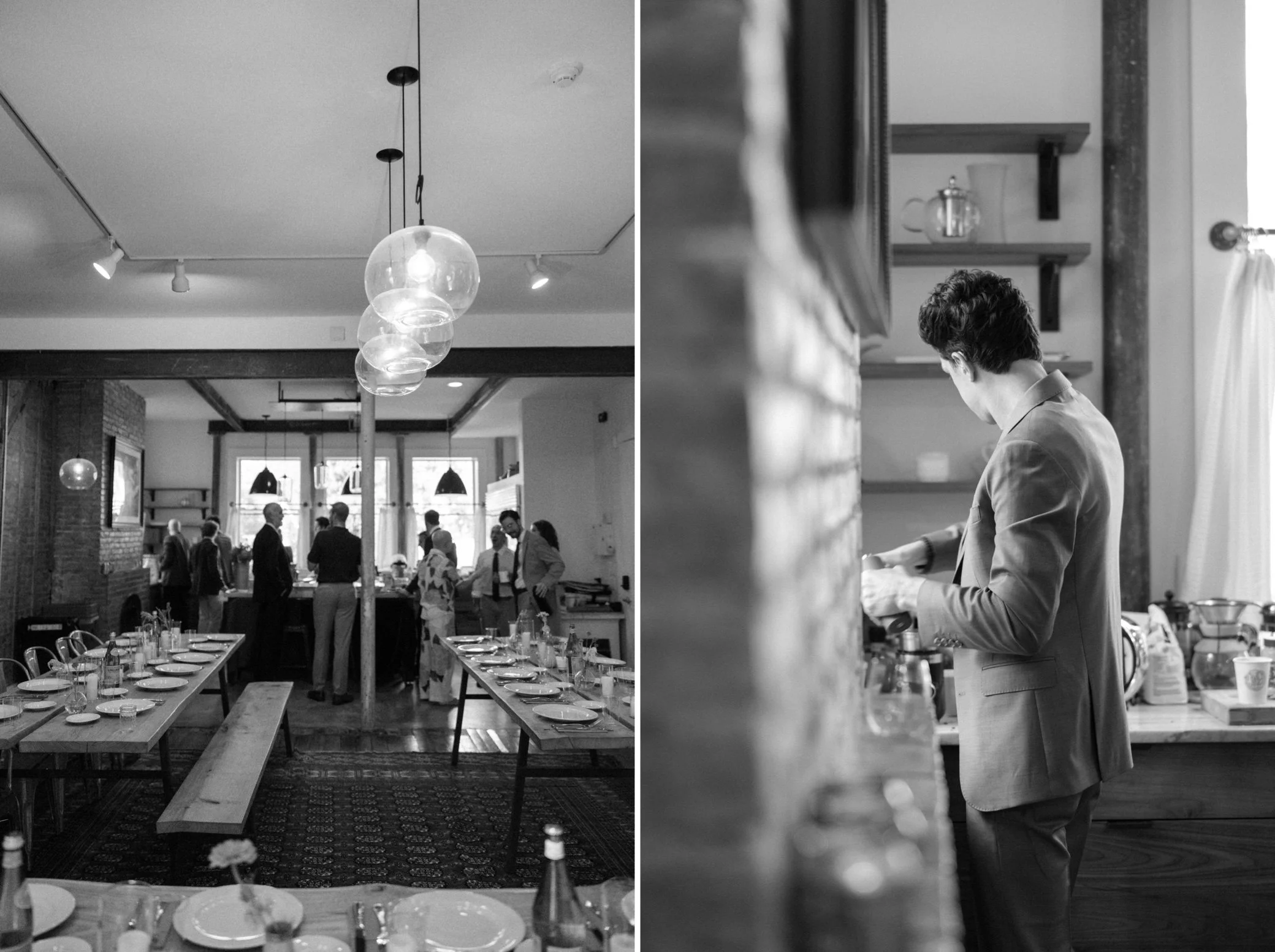  brother of the bride hand grinds coffee in the mansion kitchen at the yard in beacon, ny 