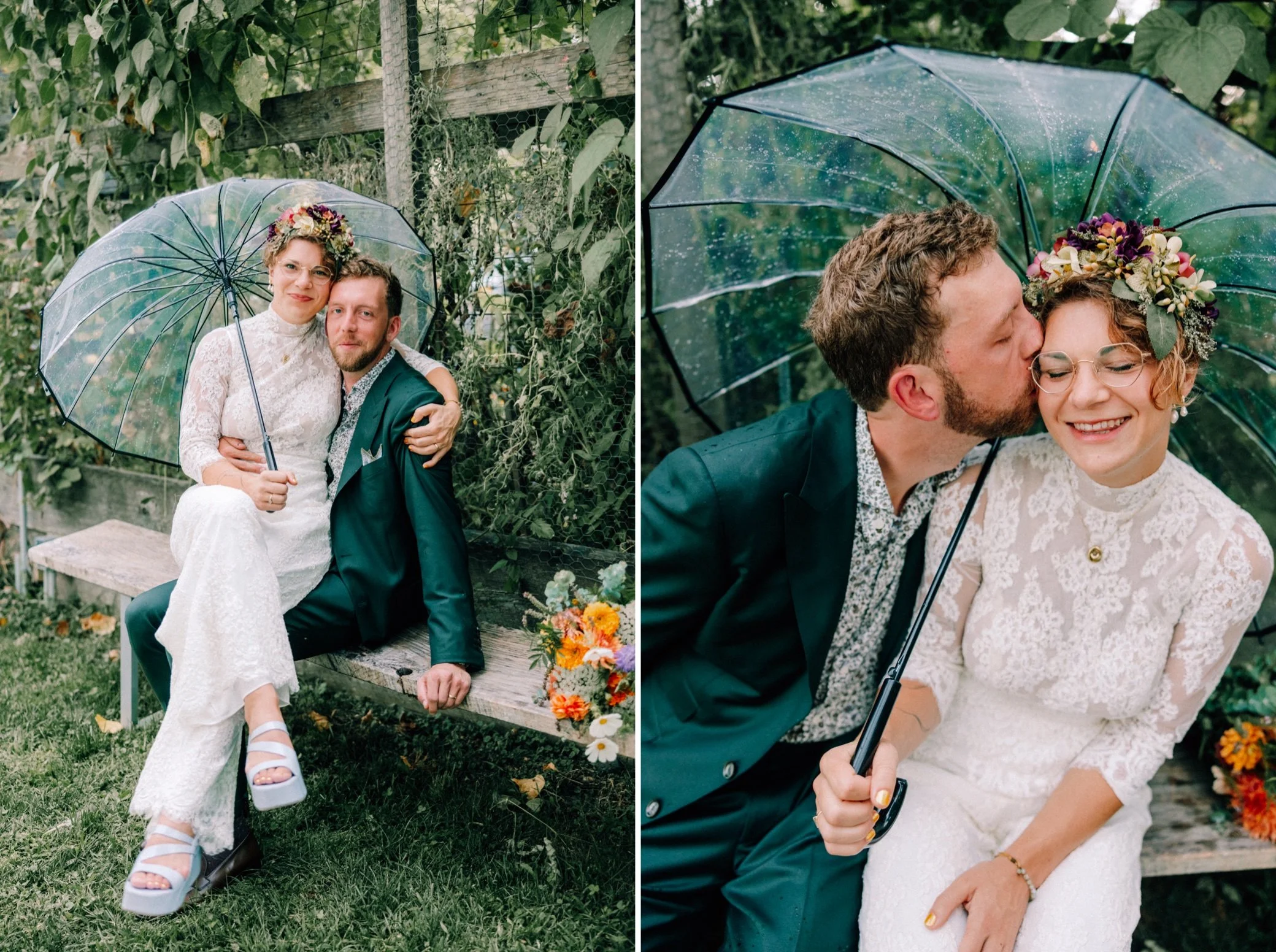  wedding couple pose with clear umbrella at the yard in beacon, ny 
