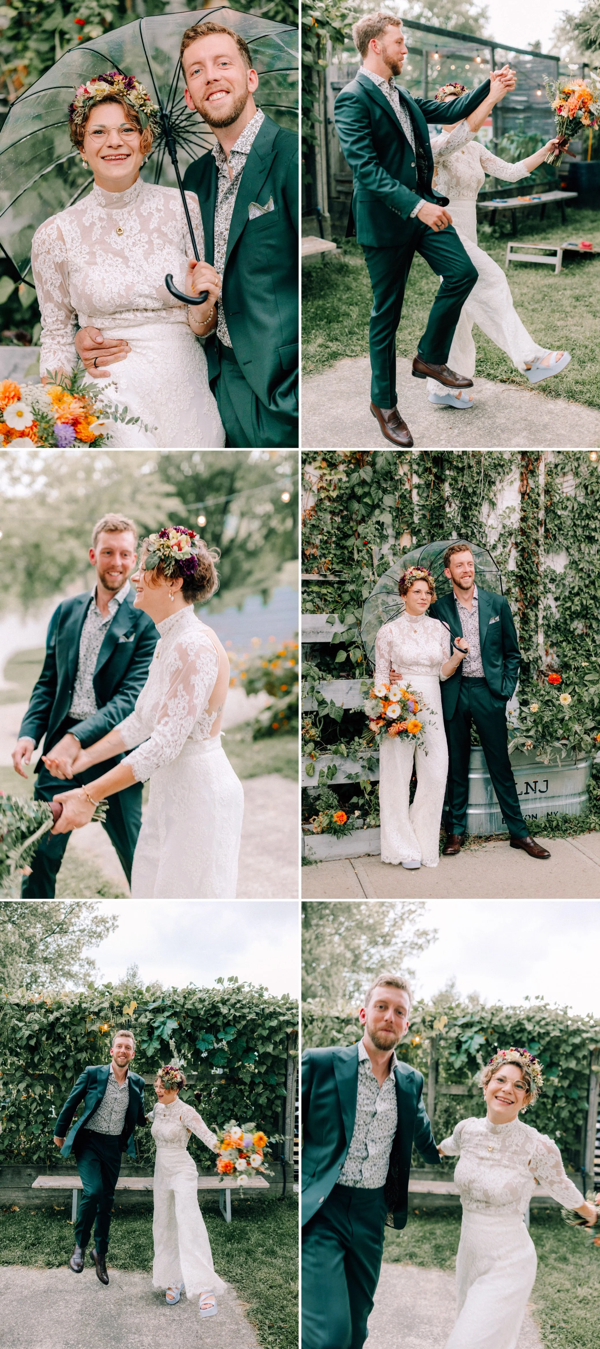  bride and groom skip towards photographer at the yard in beacon, ny 