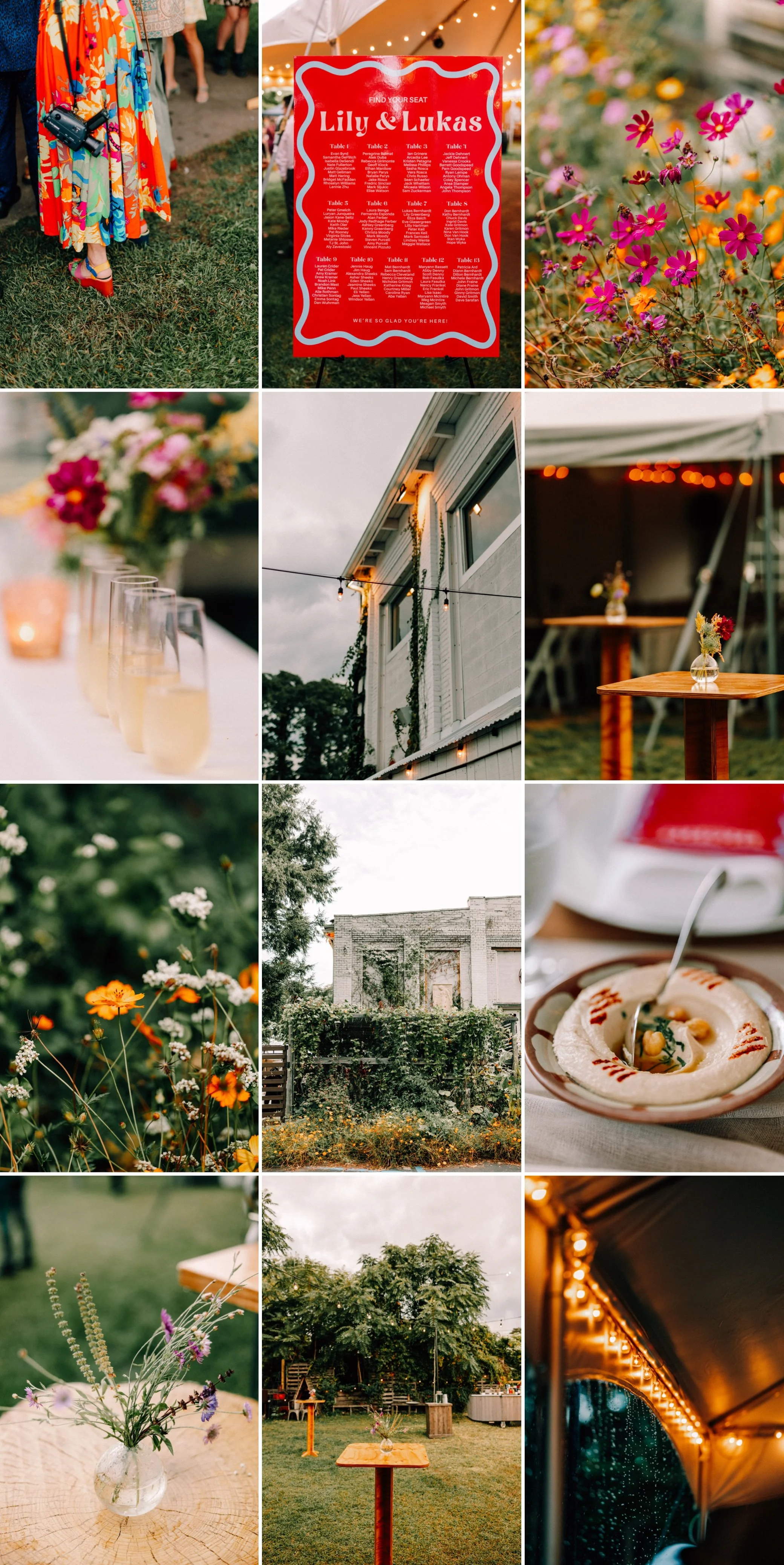  cocktail hour wild flowers, wedding welcome sign, cocktails, and LNJ lighting at the yard in beacon, ny 