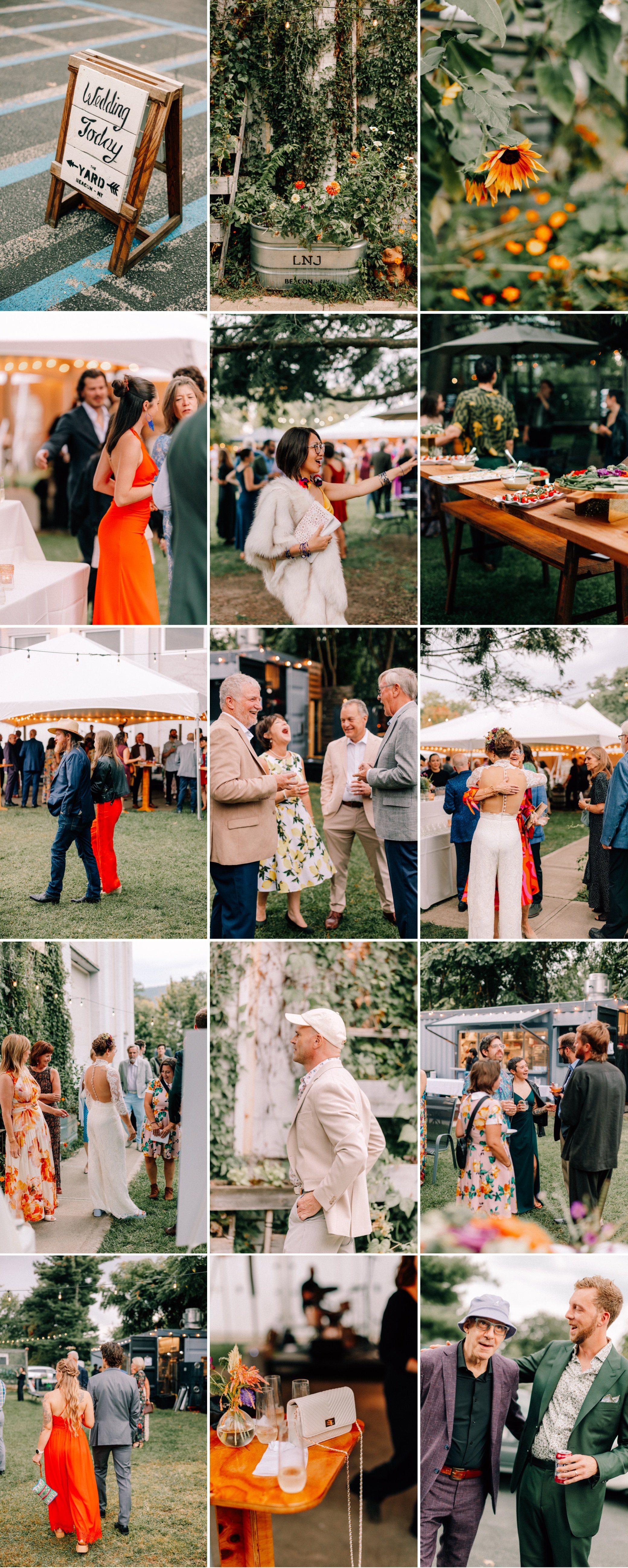  candid photographs of wedding guests laughing and eating during cocktail hour at the yard in beacon,ny 