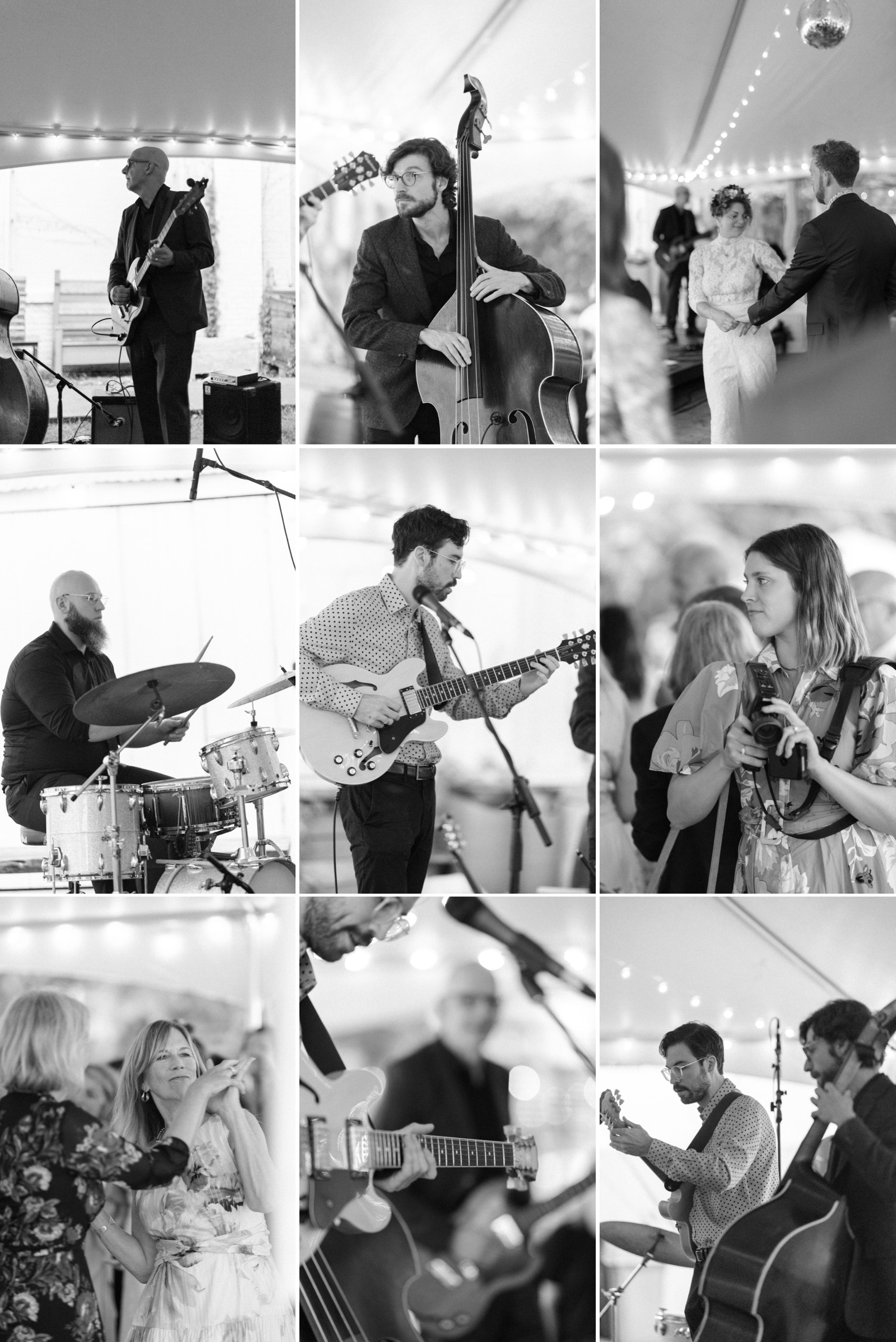  black and white photographs of small wedding band performing under cocktail hour tent at the yard in beacon, ny 