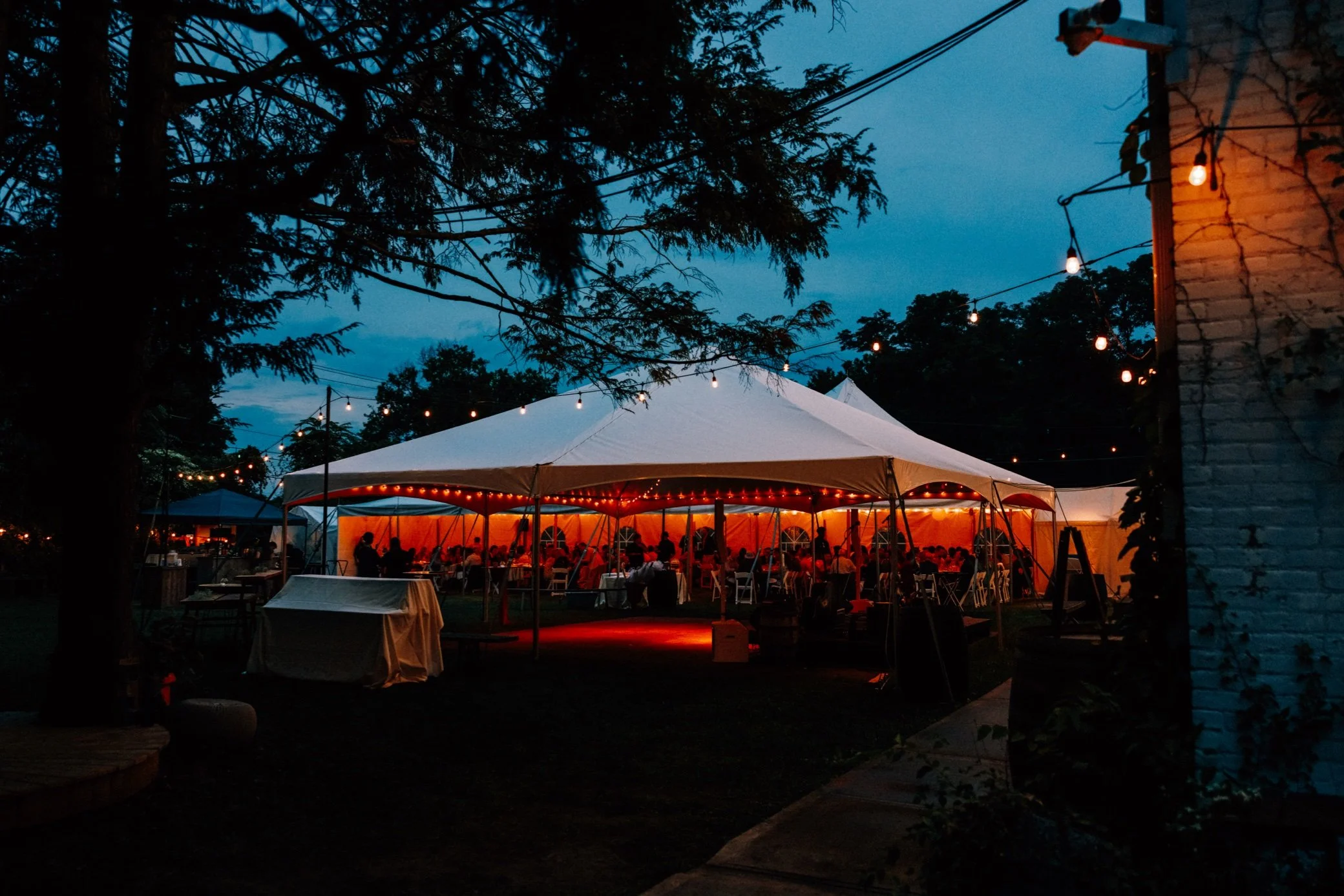  night photograph of the wedding tent at the yard in beacon, ny 