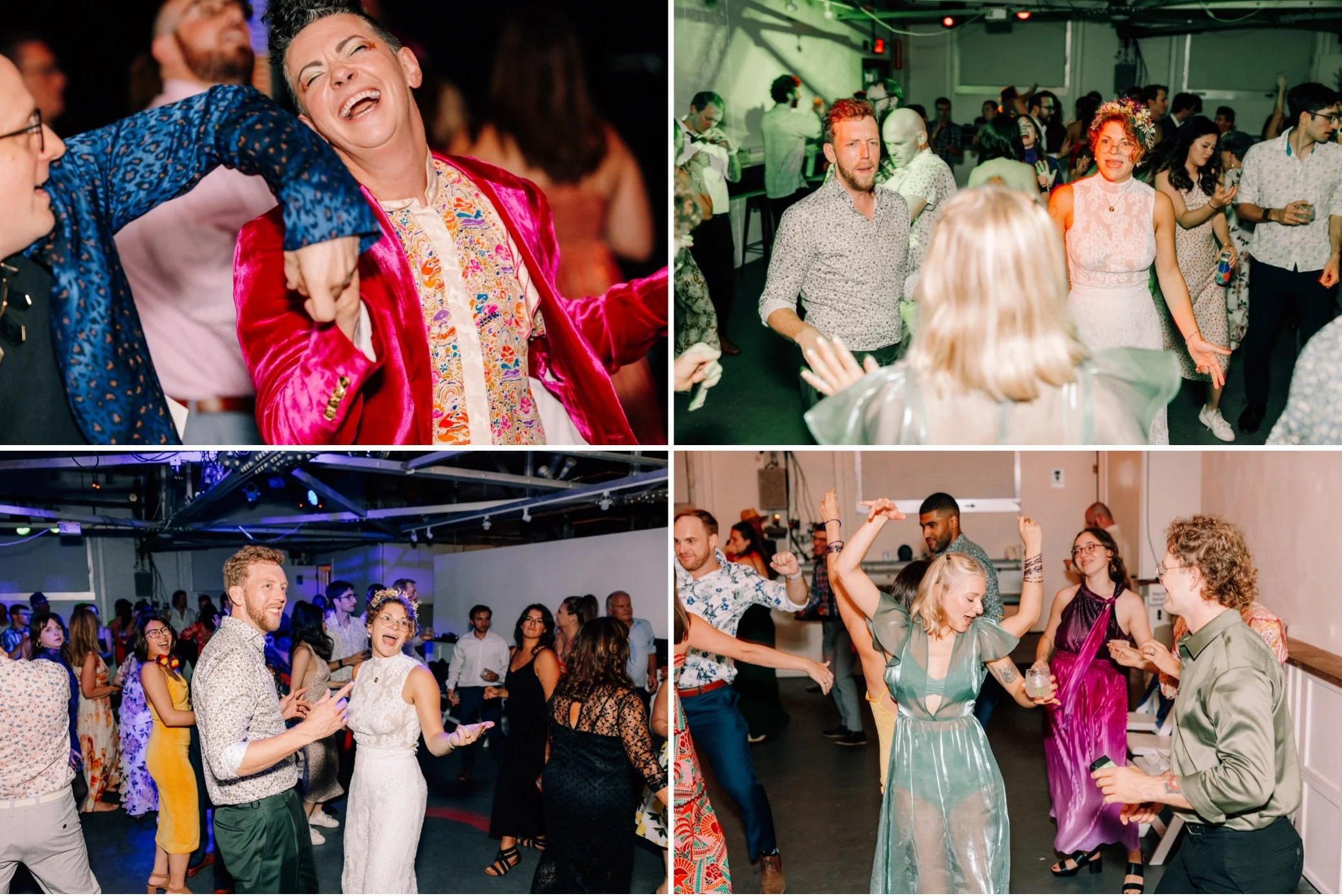  bride and groom dance with wedding guests during vinyl dj set at the yard in beacon, ny 