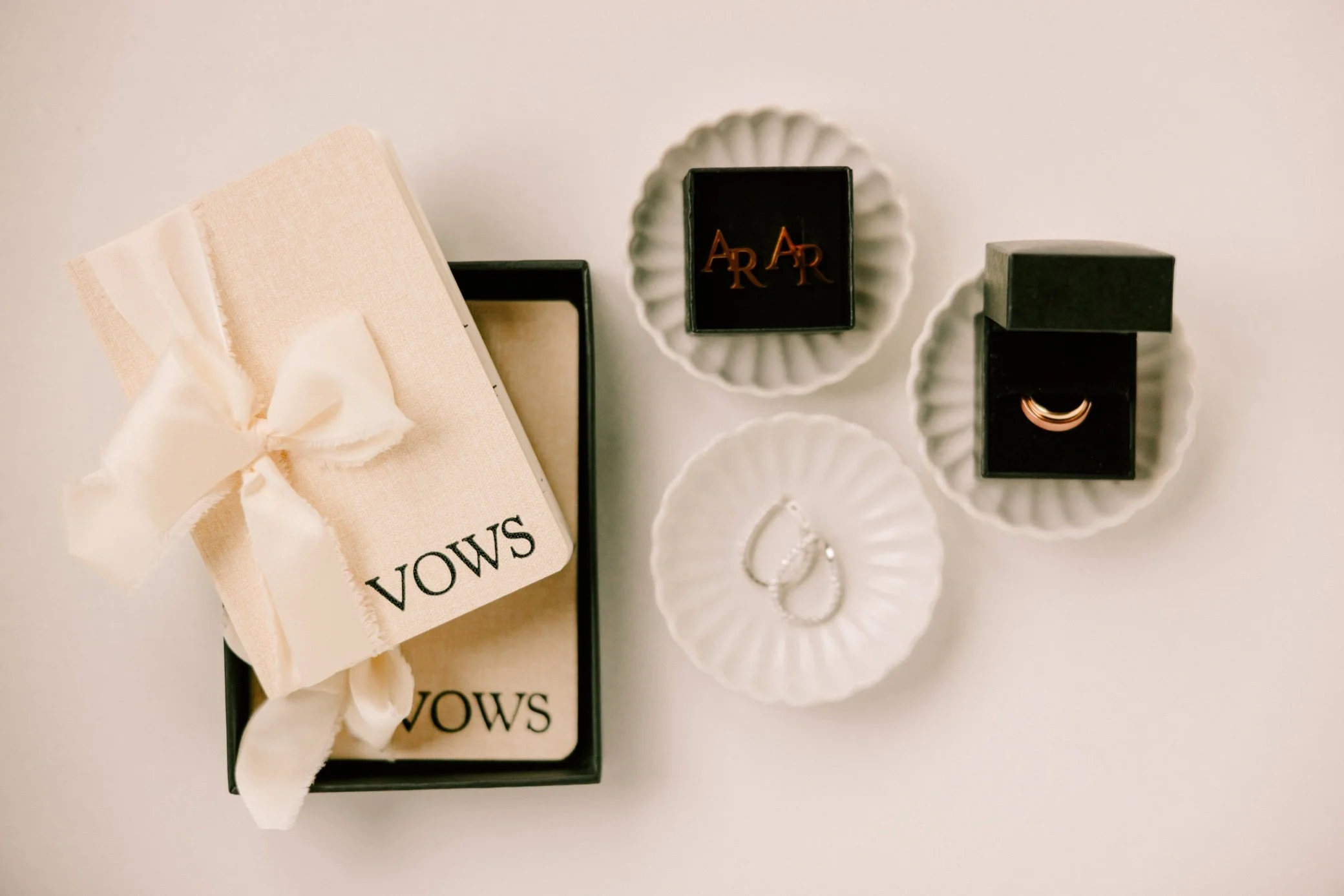  wedding flat lay of vows, rings, earrings, and cufflinks in the penthouse rub at the roundhouse  