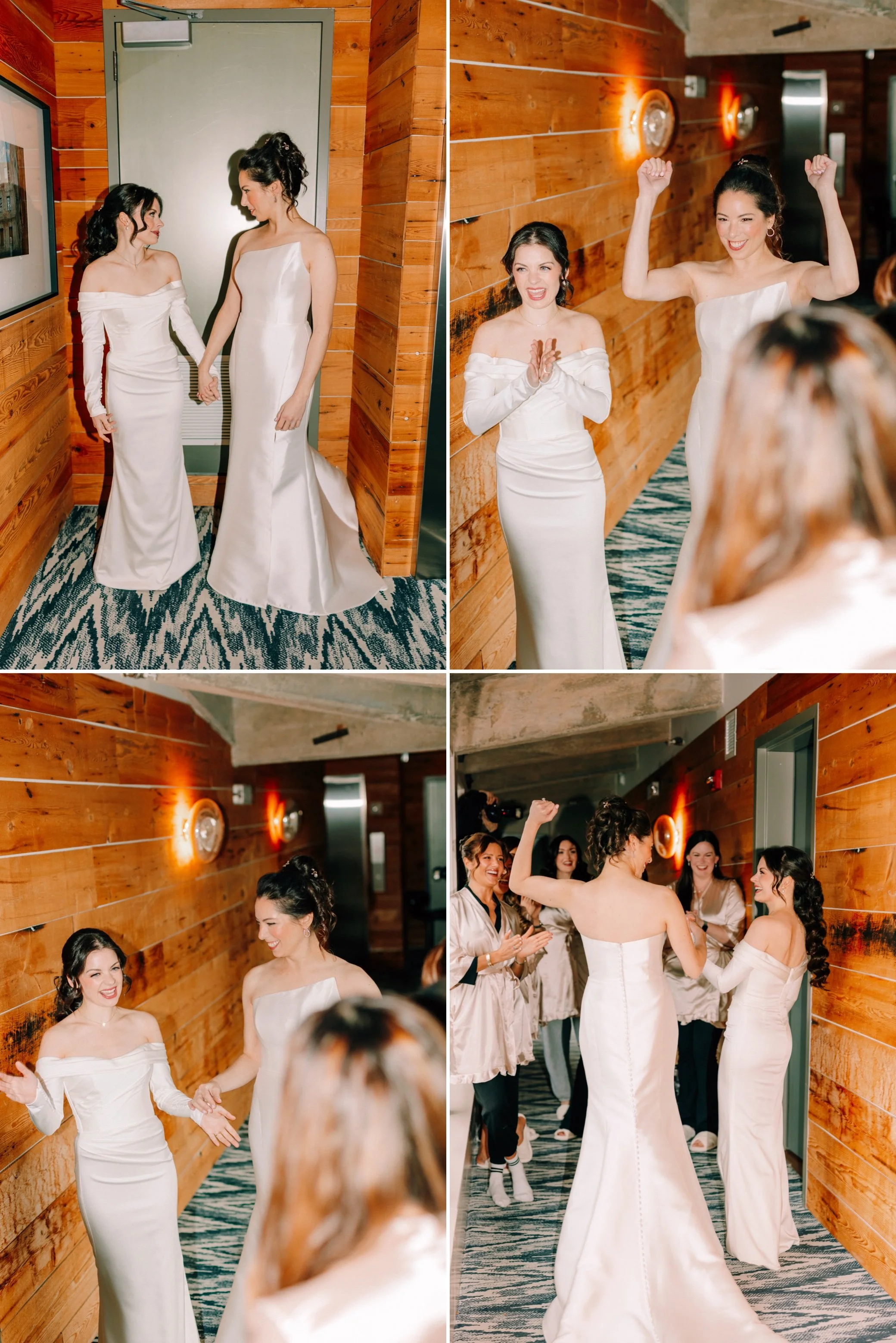  brides doing first look with their friends at the roundhouse 