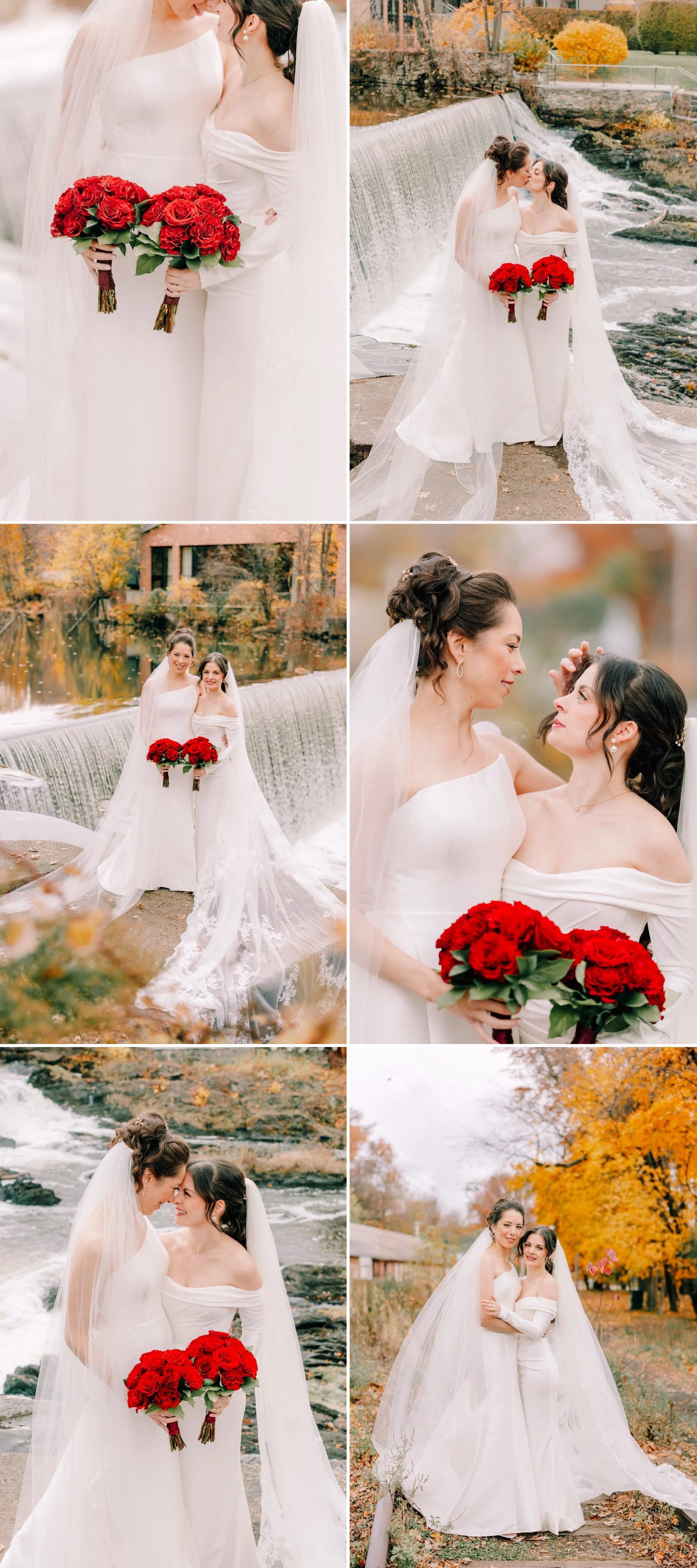  brides embrace and pose for wedding photographer in front of Beacon Falls 