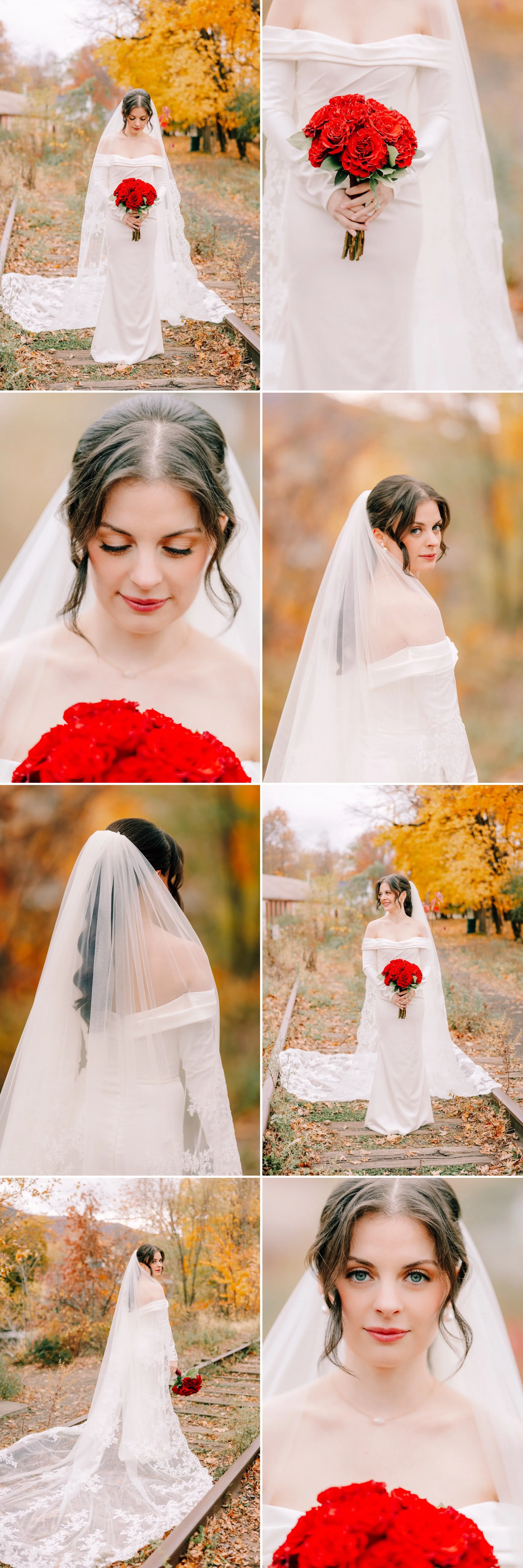 fine art wedding portraits of bride with red bouquet and yellow fall foliage in beacon, ny 