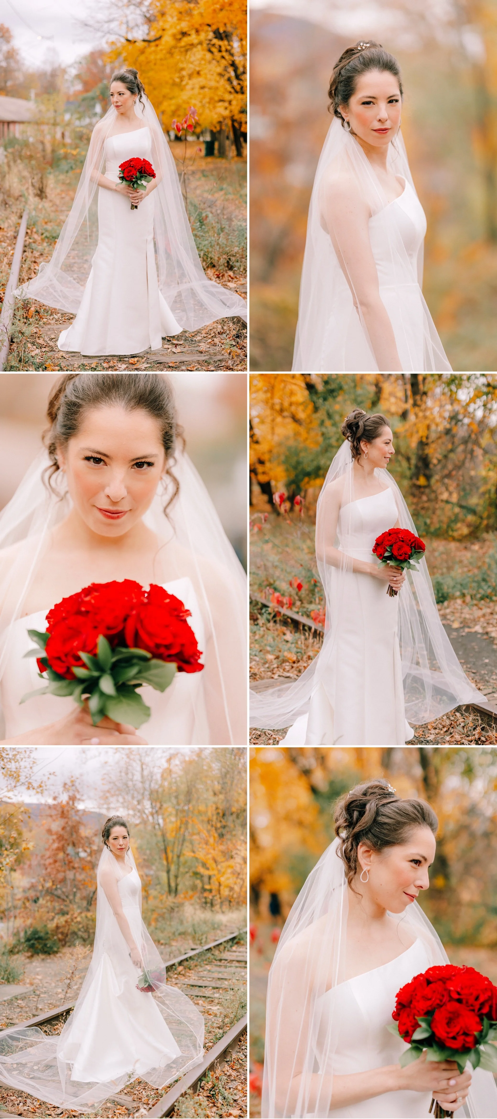 elegant wedding photographs of bride with red bouquet on the train tracks in beacon, ny 