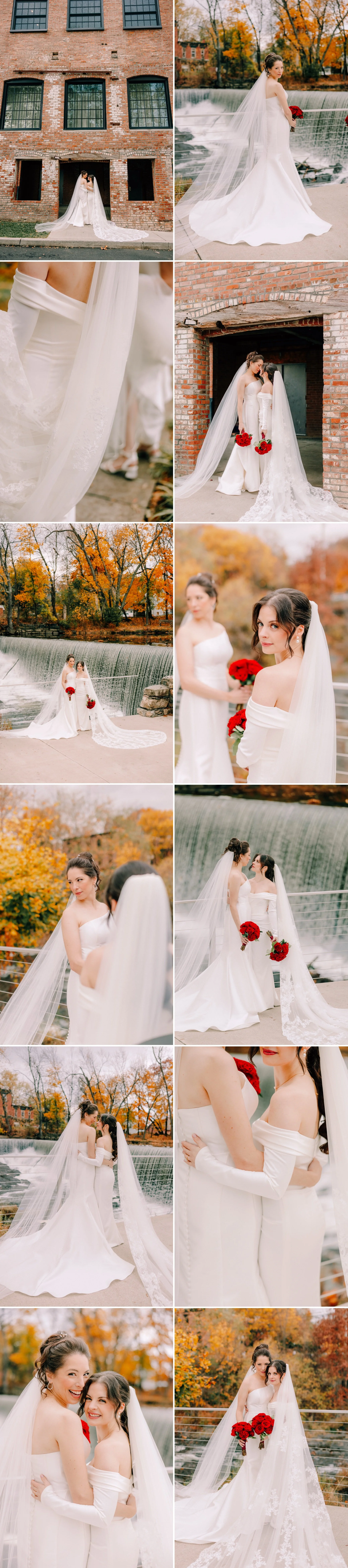  brides with red bouquets in front of beacon falls at the roundhouse  
