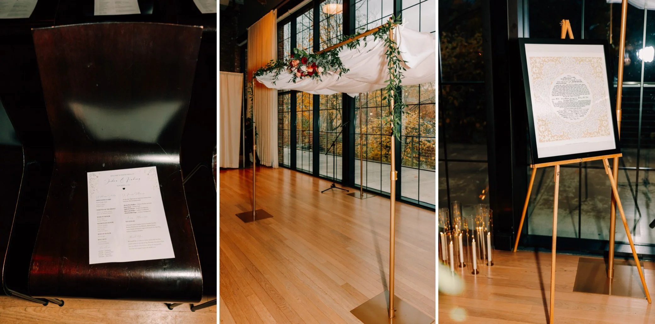  ceremony program, ketubah, and chuppah inside at the roundhouse 