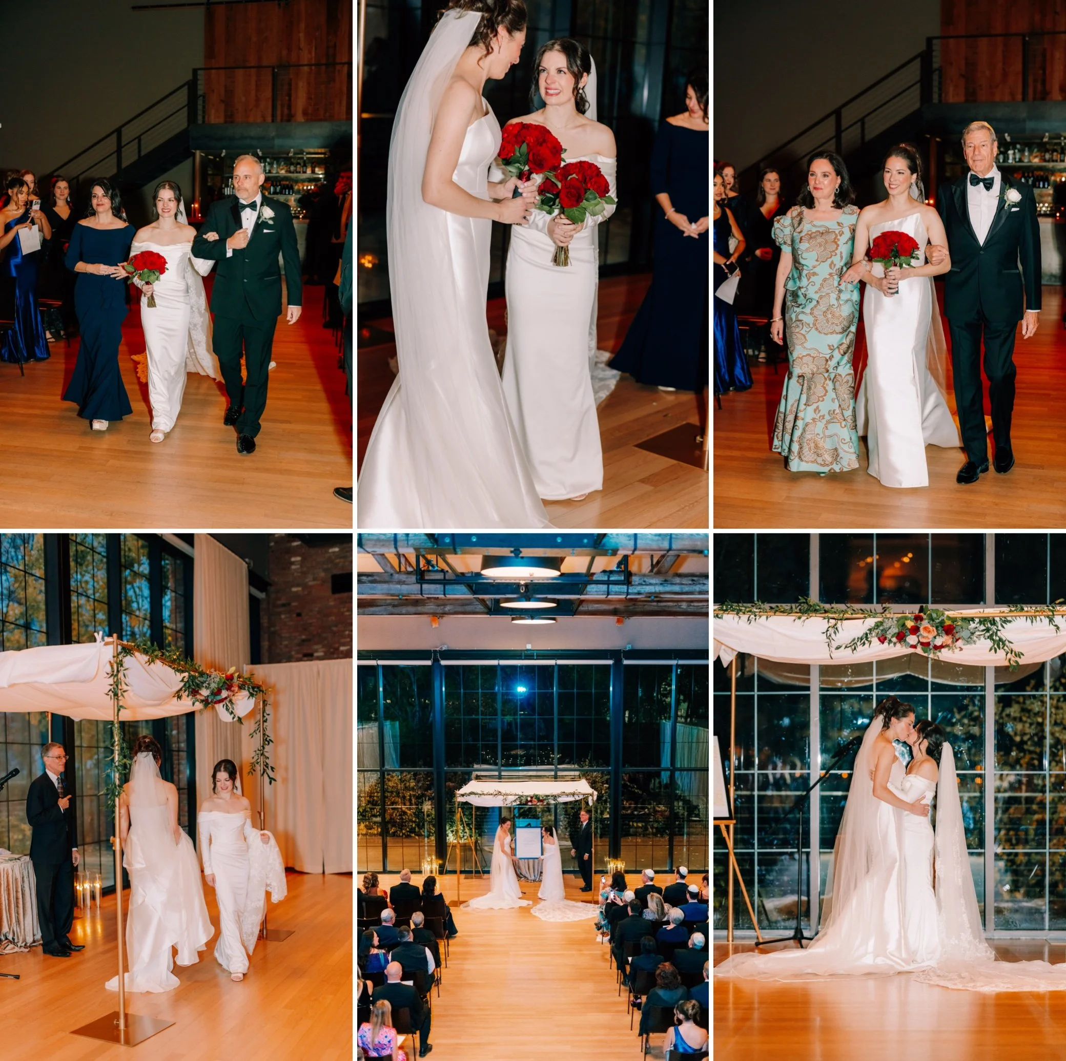  brides walking down the aisle during indoor ceremony at the roundhouse 