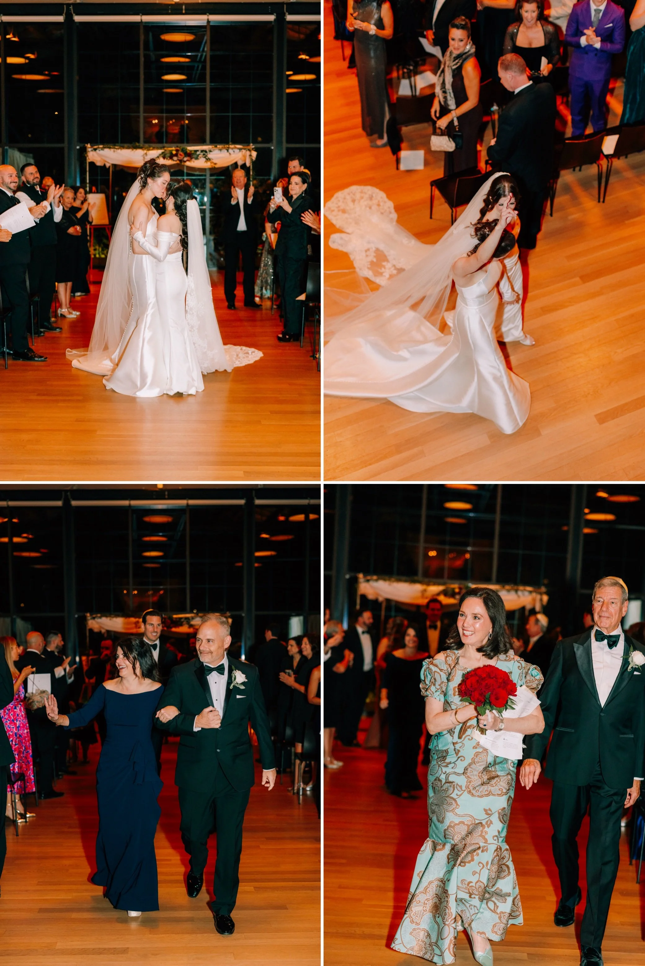  brides celebrate and kiss in the aisle after their wedding ceremony at the roundhouse 