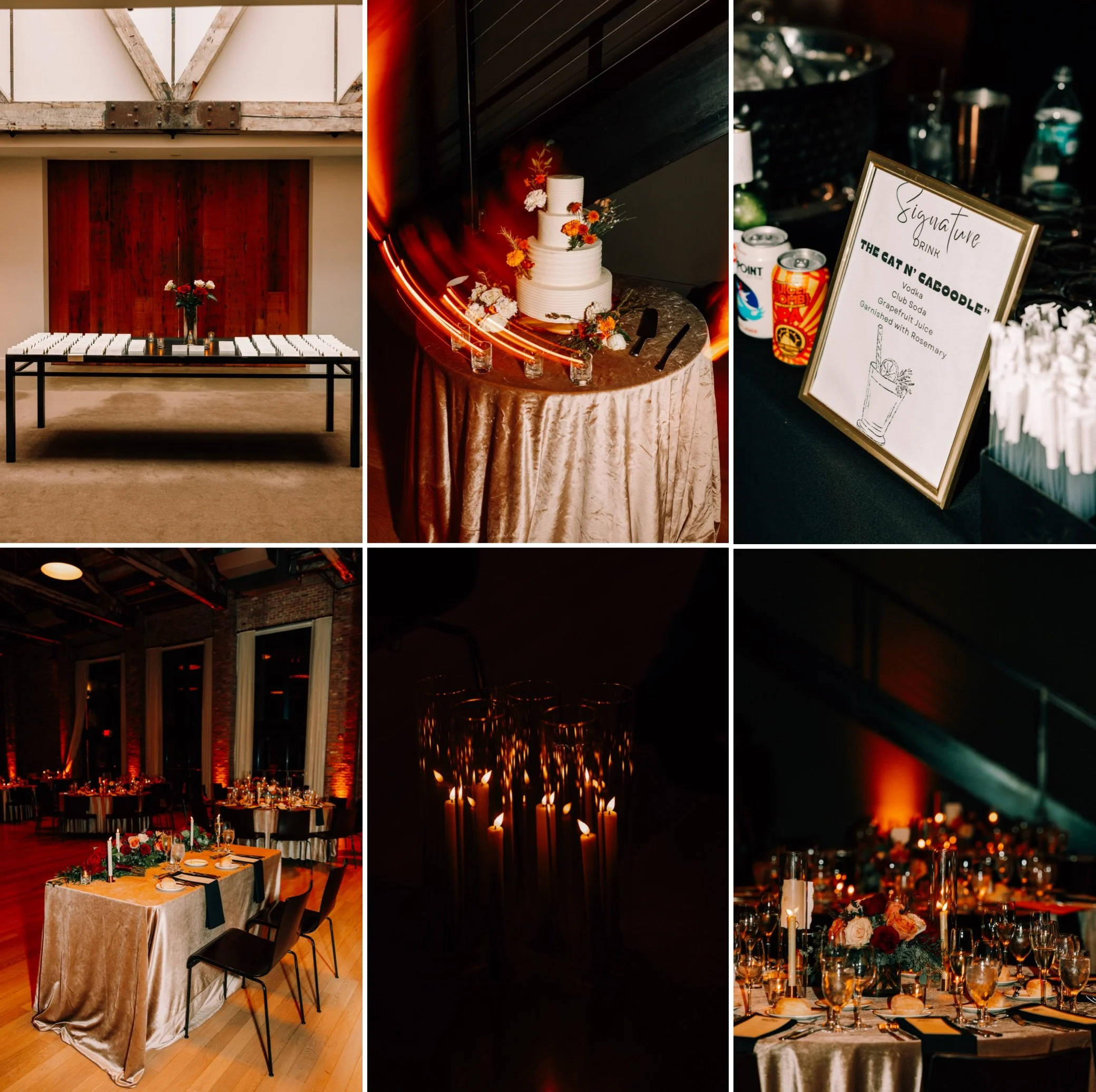  table seating cards, sweetheart table, signature cocktail signs, wedding cake, and details at the roundhouse 