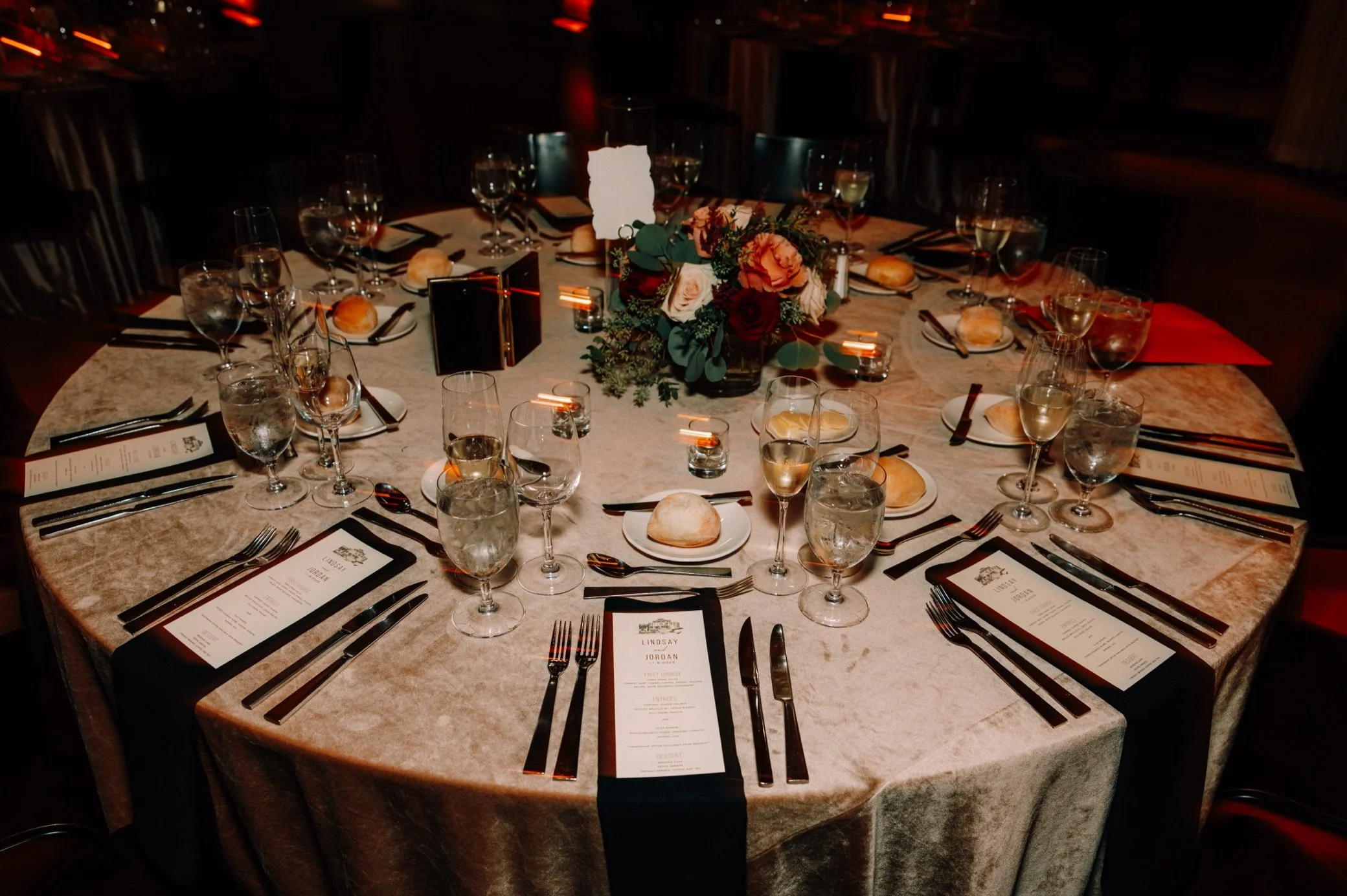  the roundhouse wedding table setting with velvet tablecloth 