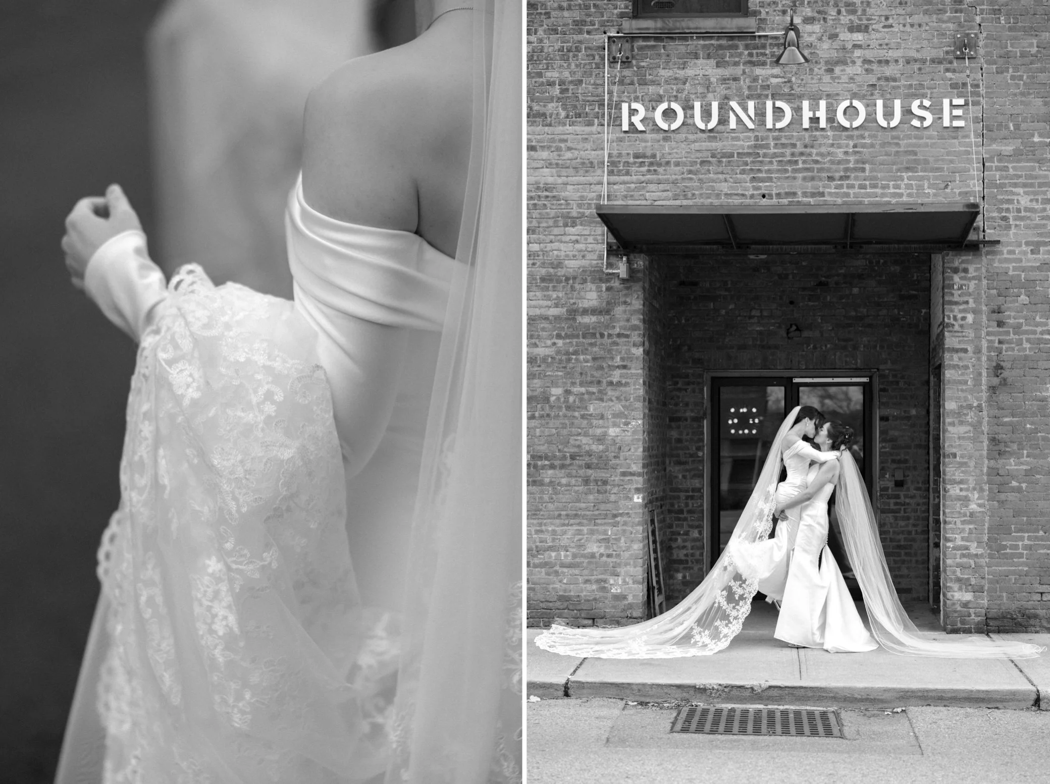  brides embrace and do a dance lift in front of the roundhouse in beacon, ny 